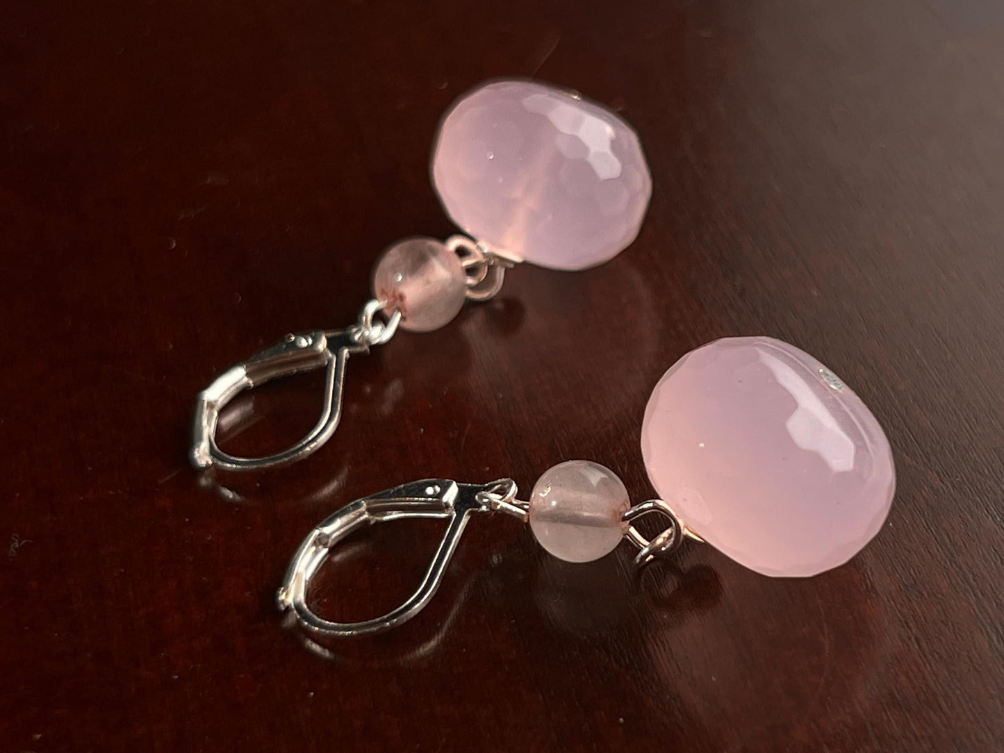 Natural Rose Quartz Faceted Large Roundel 14mm, Spacer 4mm Rose Quartz Wire Wrapped in Silver Leverback or Earwire