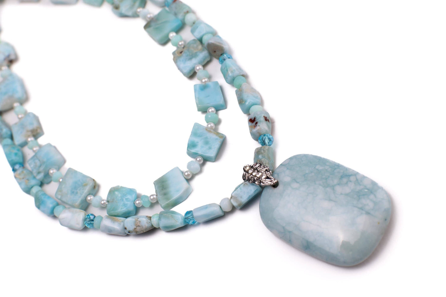 Double Layered Natural Larimar Nugget and Square Gemstone, Freshwater Pearl, Larimar spacer, larimar pendant Necklace with 2" Extension