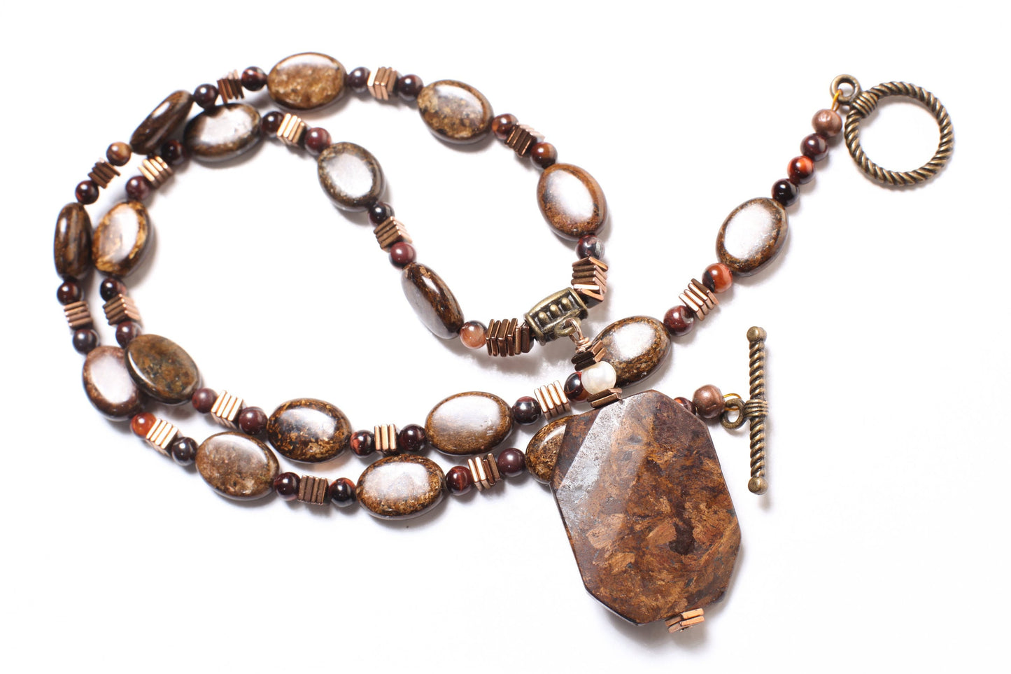 Bronzite 25x33mm Twisted Pendant, 10x14mm Bronzite Oval, Red Tiger Eye &Hematite Spacer, Antique Bronze Clasp, Men, Women 21" Necklace,Rare