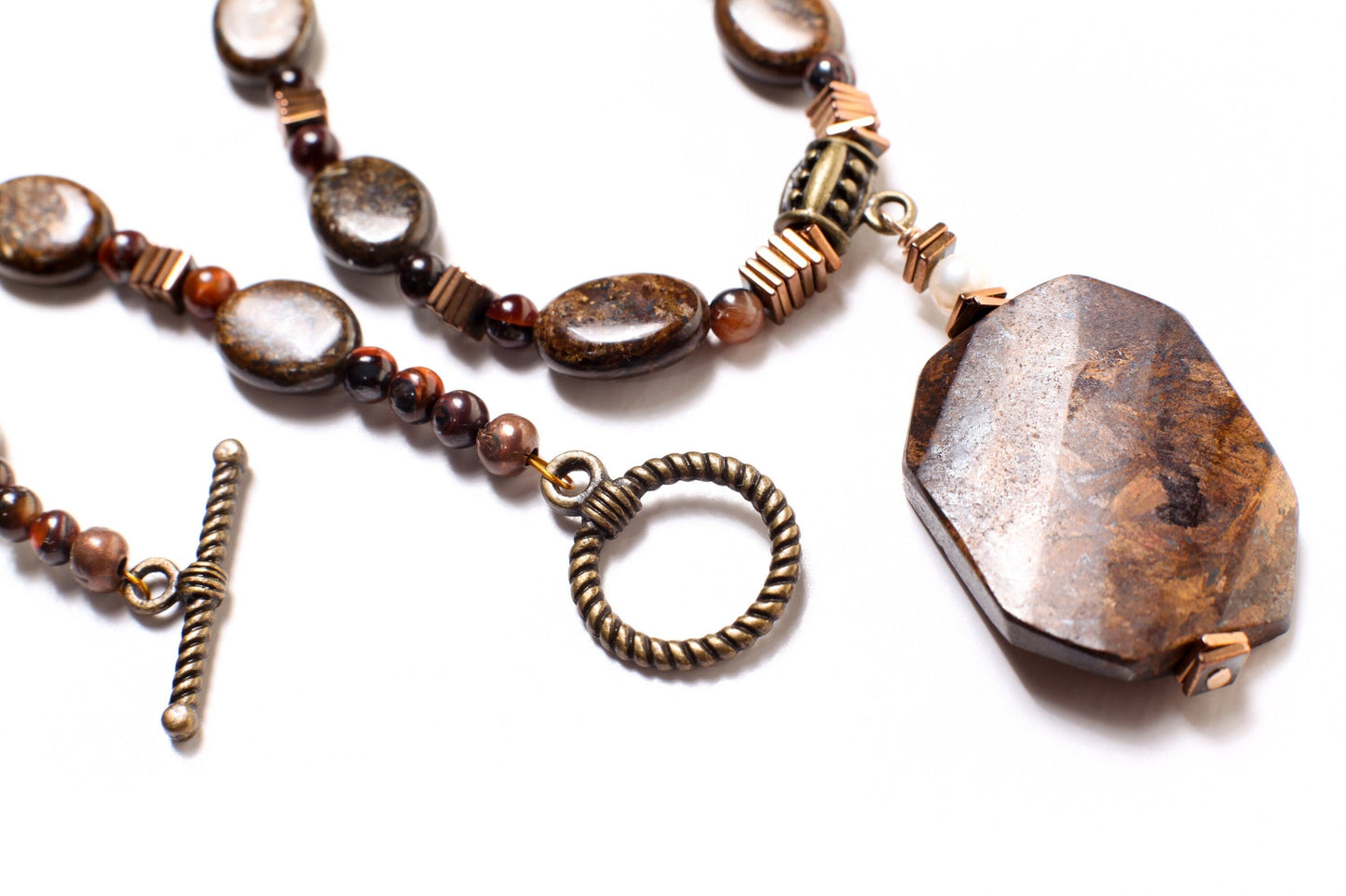 Bronzite 25x33mm Twisted Pendant, 10x14mm Bronzite Oval, Red Tiger Eye &Hematite Spacer, Antique Bronze Clasp, Men, Women 21" Necklace,Rare