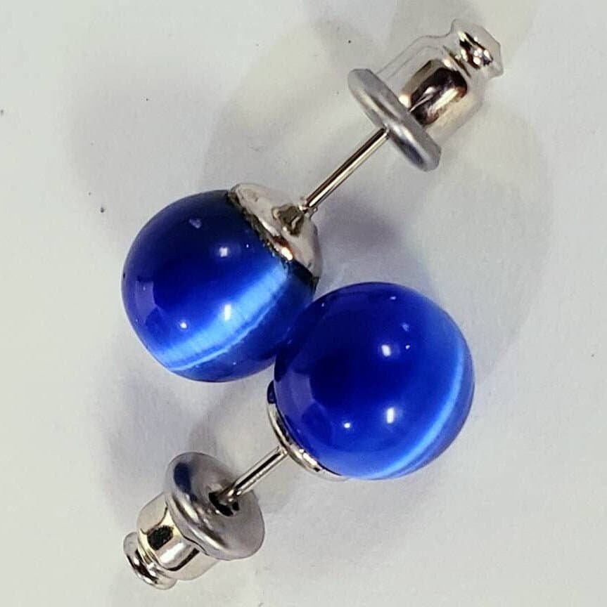Cat's eye stud earring post 8mm round , earring gift royal blue , green. Aqua blue. 1 pair