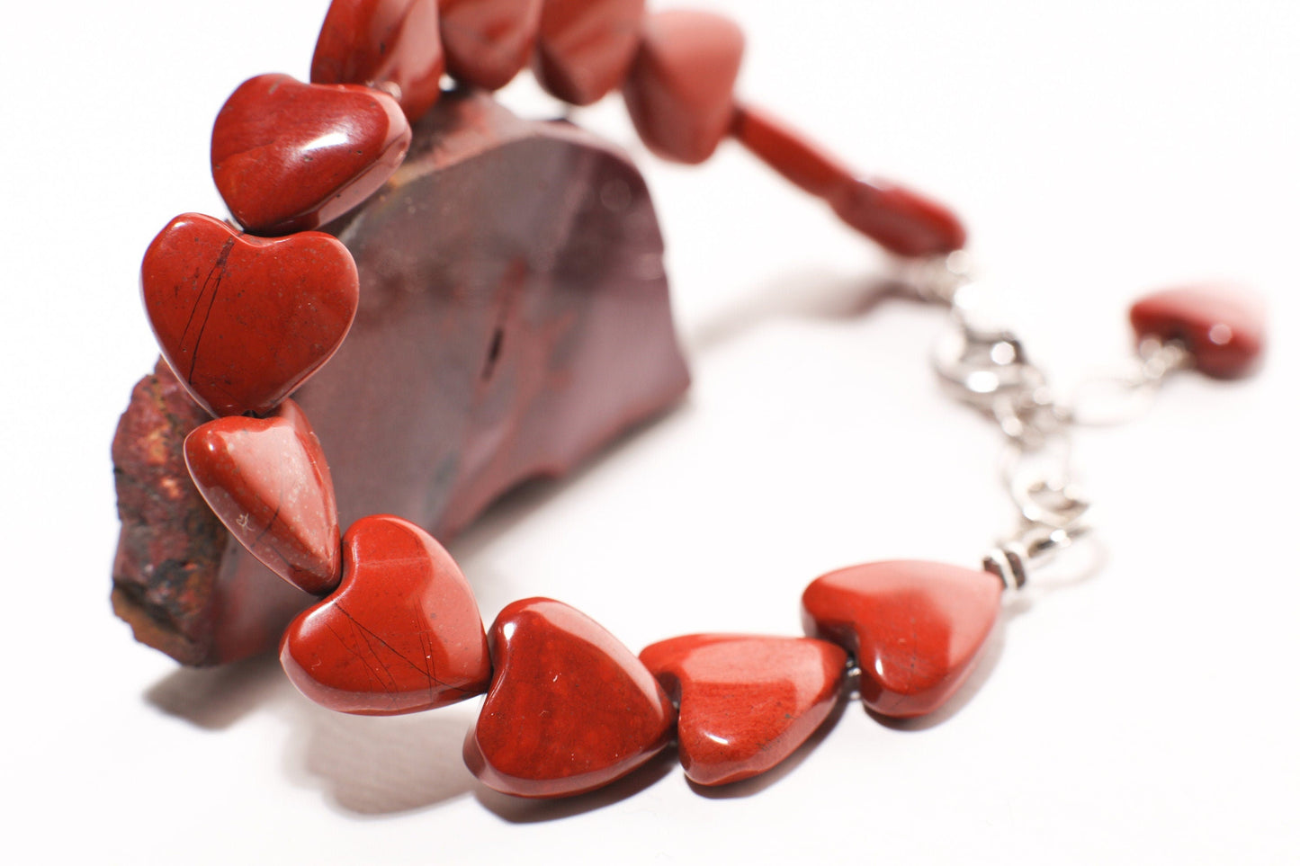 Natural Red Jasper 12mm Heart Bracelets with 1" Extension, Rhodium Silver, Red Jasper Healing Gemstone, Chakra Gift for her