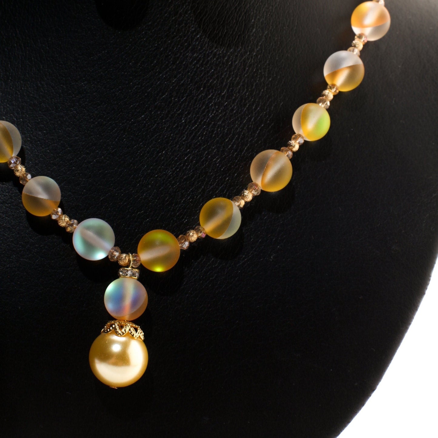 Matte Yellow Sea Glass,10mm Mermaid bead , 14mm South Sea Seashell Pearl pendant Necklace ,Matching Earrings Jewelry Set. 18" & 2" extender.