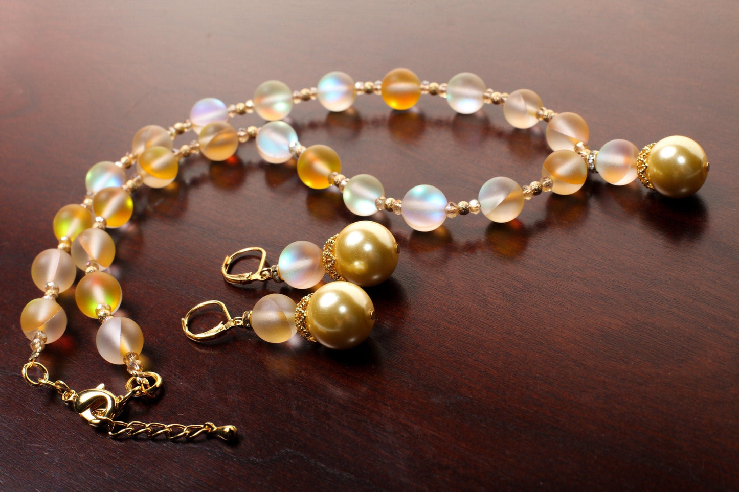 Matte Yellow Sea Glass,10mm Mermaid bead , 14mm South Sea Seashell Pearl pendant Necklace ,Matching Earrings Jewelry Set. 18" & 2" extender.