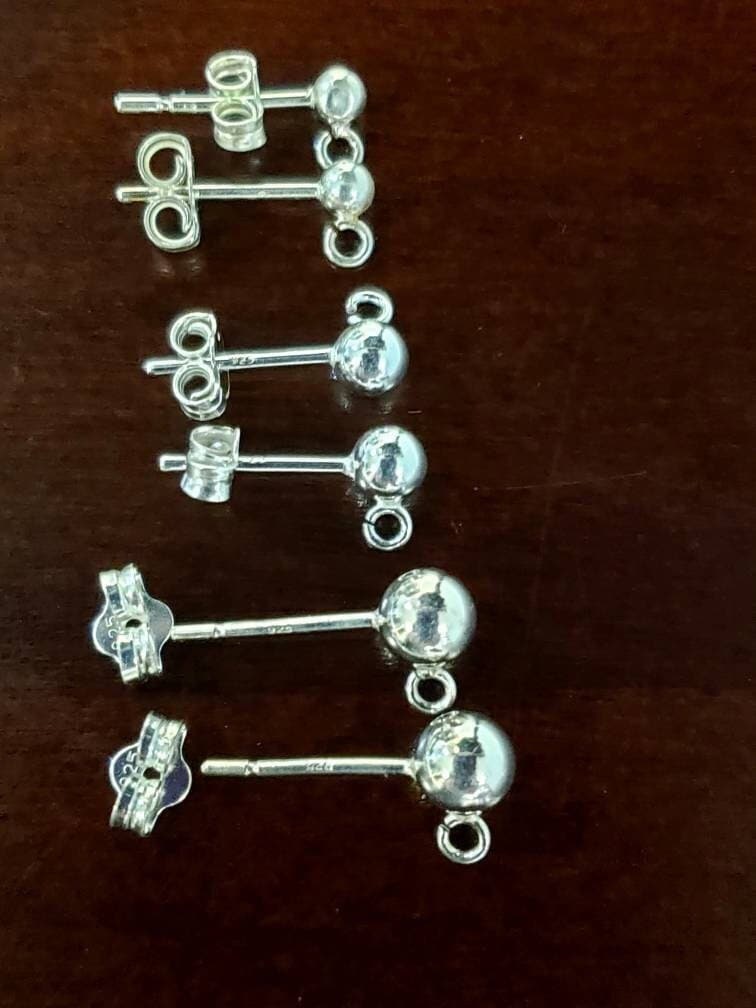 1 Pair 925 Sterling Silver Ball Post with Open Ring and Butterfly Clutch Earrings Making Post, 3,4 5,6mm Gem Hanging Earrings Making Post