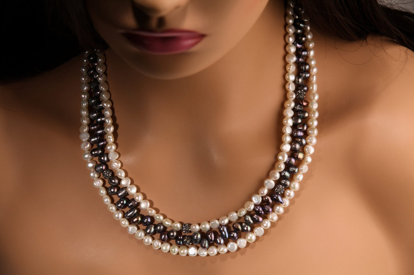 Natural Freshwater Pearl 3 Layer Bib Necklace, White Button Pearl 6mm ,Freshwater Grey Side Drilled Pearl,CZ ball,17" + 3" Rhodium Extender.