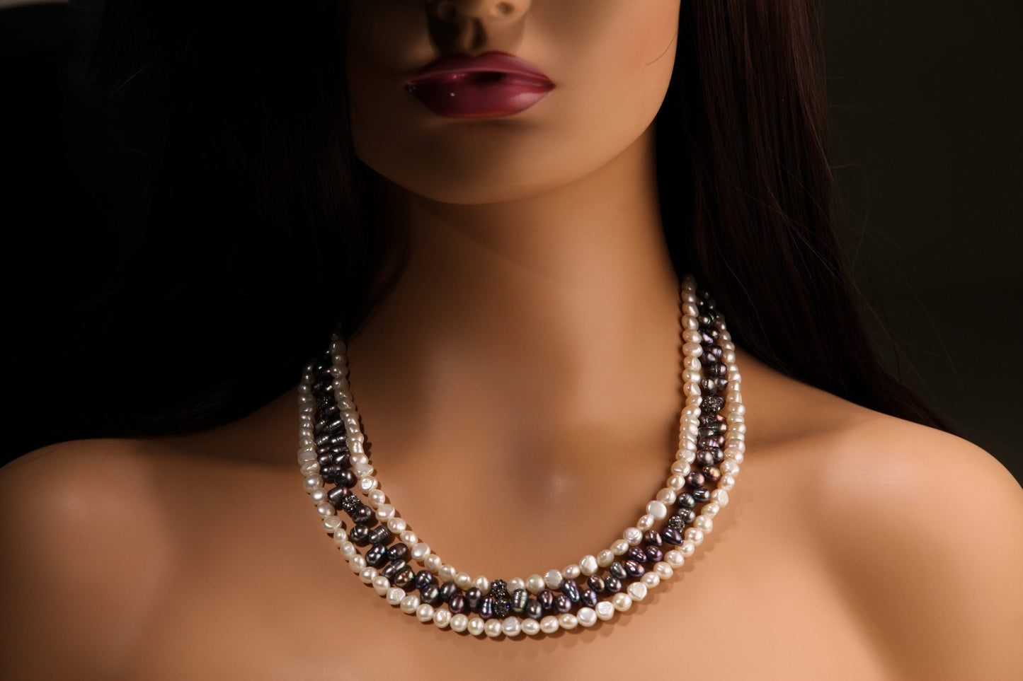 Natural Freshwater Pearl 3 Layer Bib Necklace, White Button Pearl 6mm ,Freshwater Grey Side Drilled Pearl,CZ ball,17" + 3" Rhodium Extender.