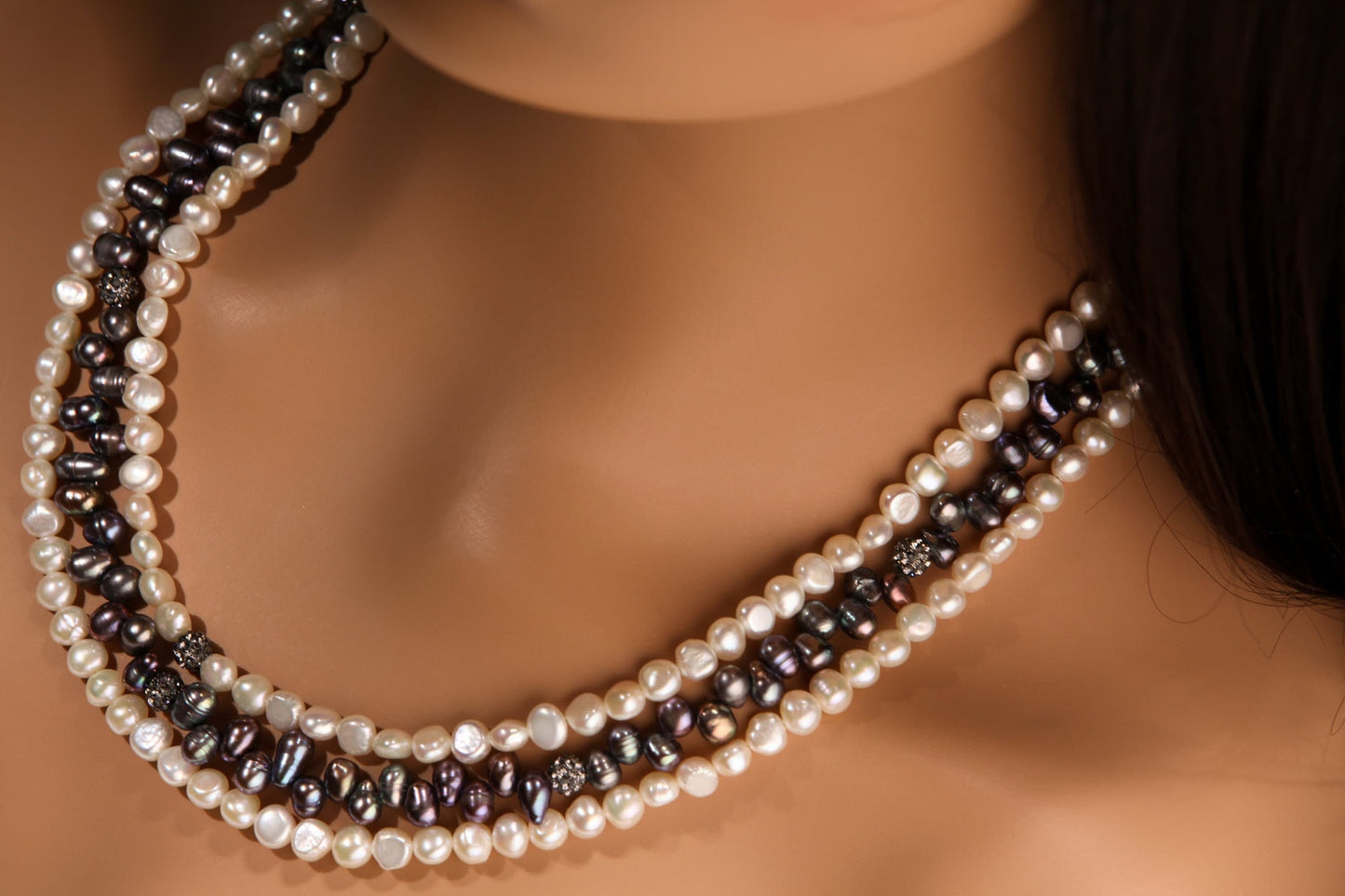 Natural Freshwater Pearl 3 Layer Bib Necklace, White Button Pearl 6mm ,Freshwater Grey Side Drilled Pearl,CZ ball,17" + 3" Rhodium Extender.