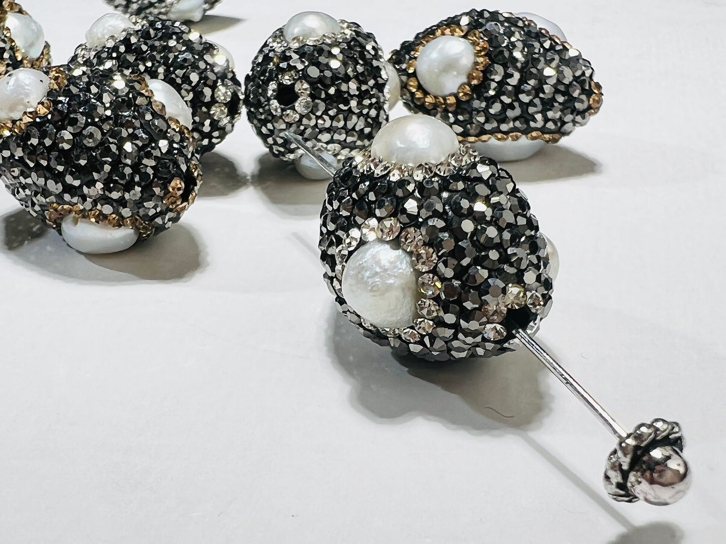 Freshwater Keshi Pearl, Inlaid Black Rhinestone Crystal Handmade Fancy Focal Bead, 17x24mm, 1 pc, Jewelry Making Bling Oval Spacer Bead