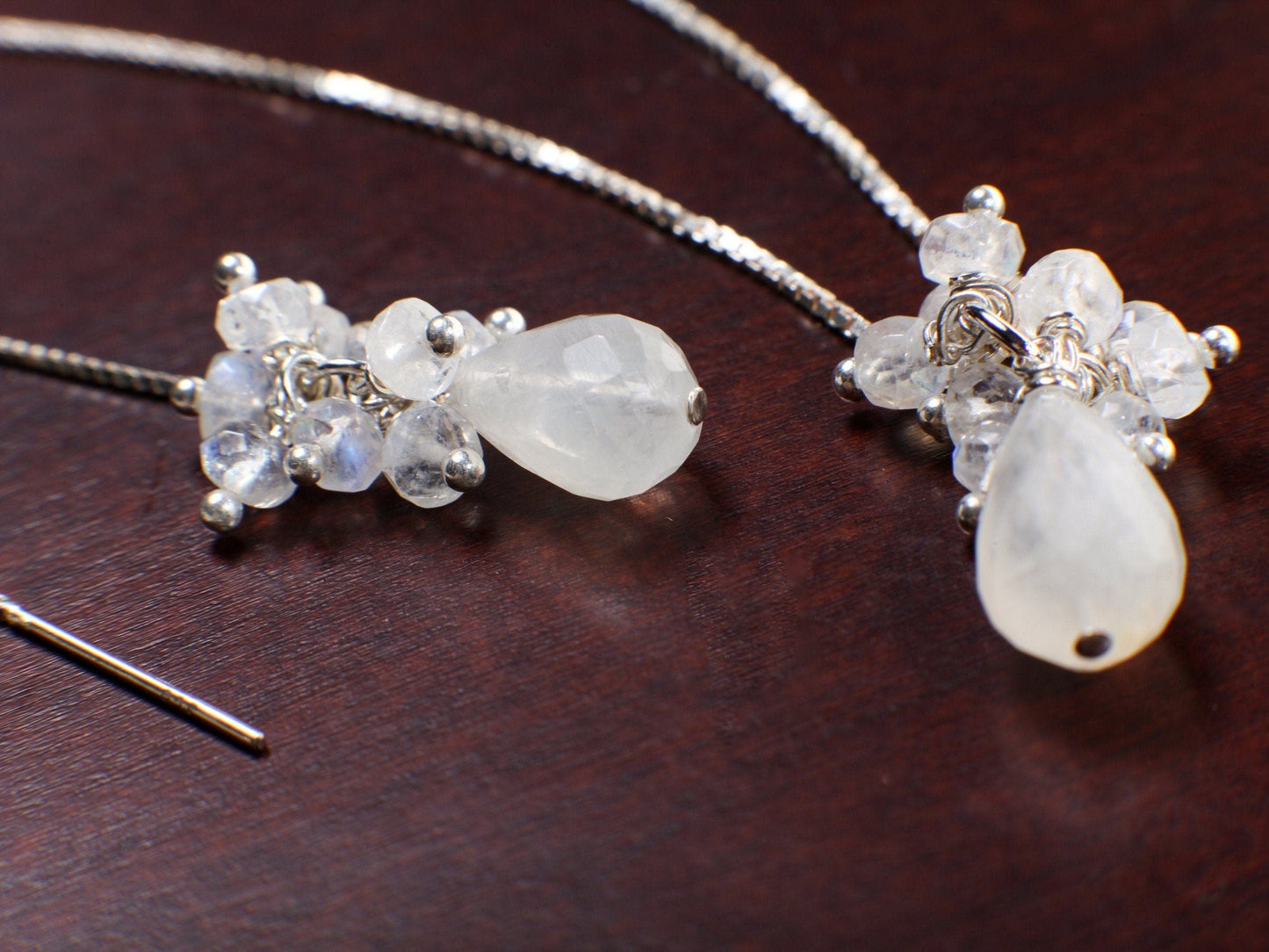 Moonstone Earrings Necklace Set, Moonstone 5" Long Threader Earrings & Pendant with Moonstone Clusters, 925 Sterling Silver Ear Wire, Chain