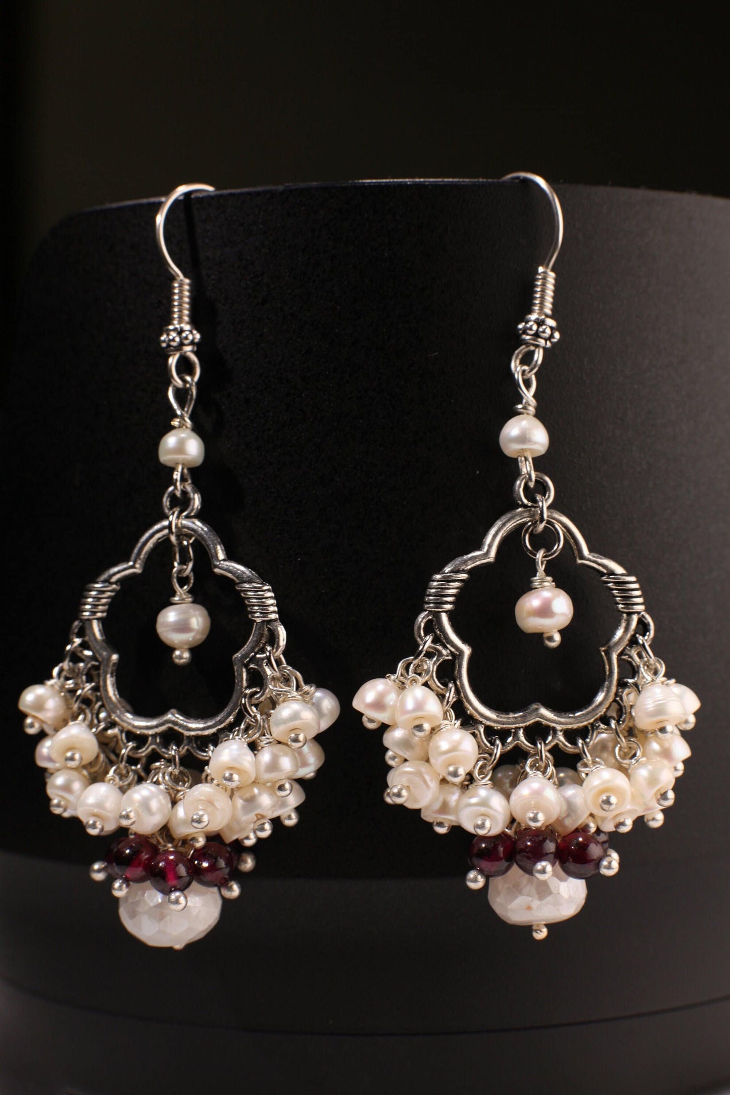 Fresh Water Pearl Clusters Chandelier Earrings Dangling 9mm Moonstone Rondel with Garnet Round Bead, 925 sterling silver Bali earwire. Gift