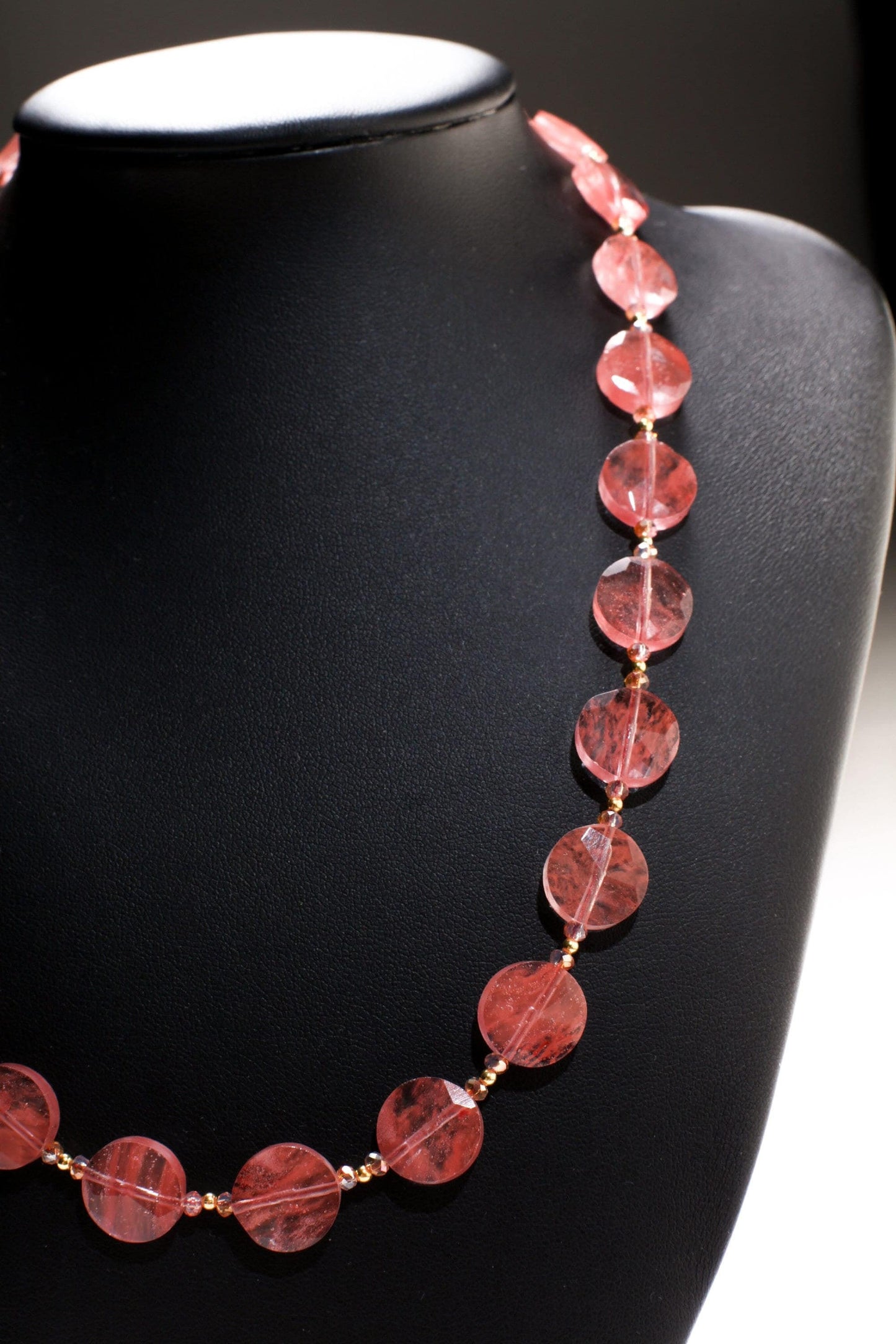Watermelon Quartz Faceted 12mm Coin Shape in Strawberry Quartz 18.5" Gold Necklace with 1.5" Extension, Beautiful Summer Collection