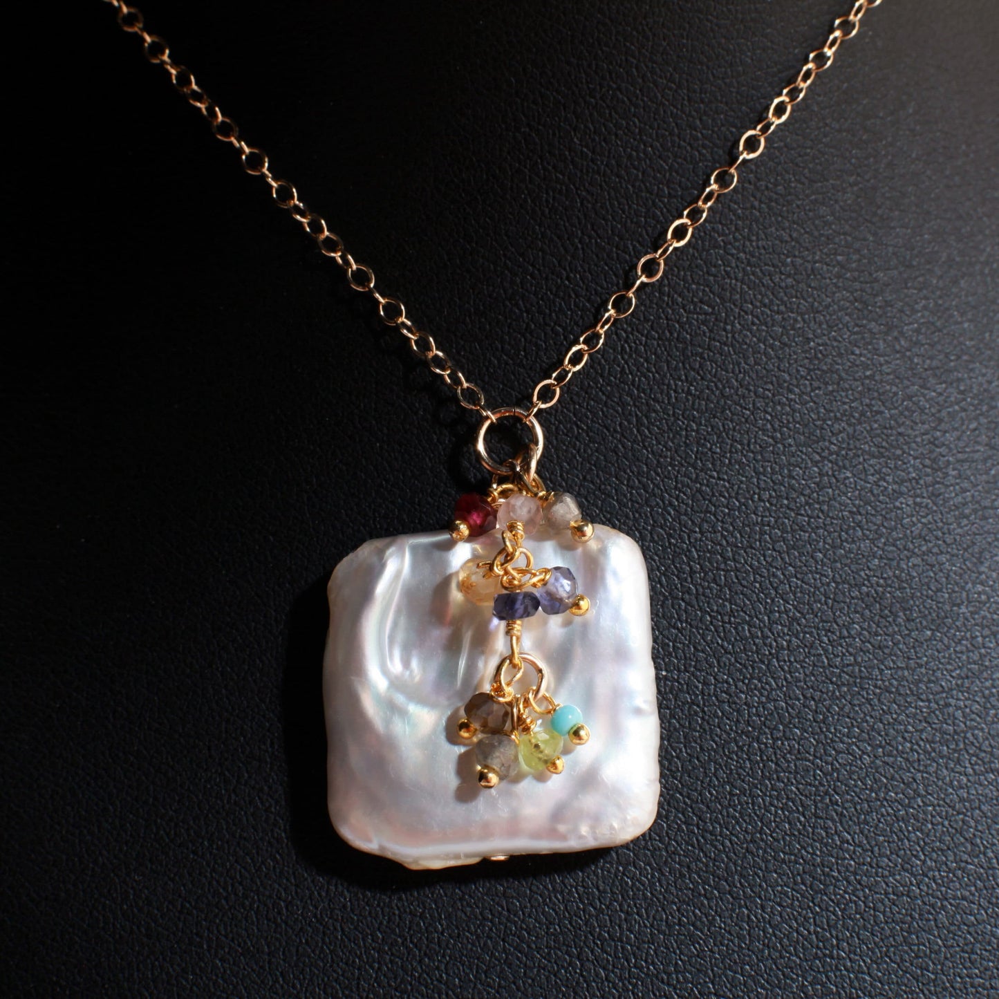 Baroque Pearl Necklace, Freshwater Square Baroque, Multi Gemstone Clusters, Iolite, Garnet, Peridot, Labradorite in 14K Gold Filled Necklace