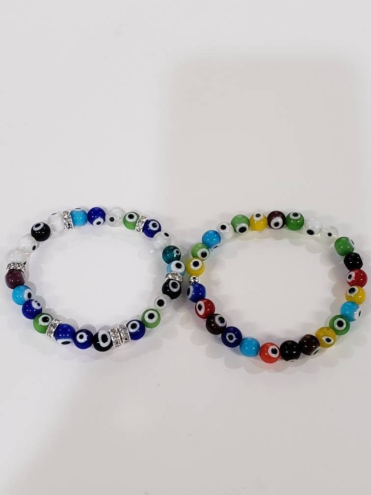 Evil Eye 8mm round protection Bracelet, stretchy with rhinestones roundel or without rhinestone. Man's woman gift, Chakra