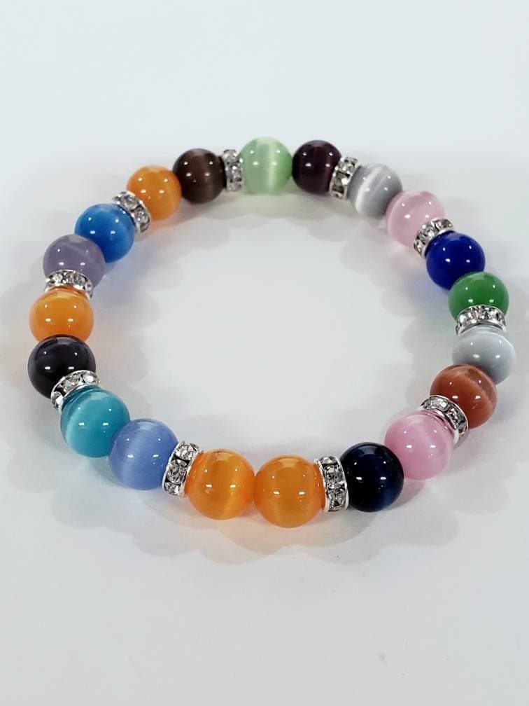 Multi color Cat's Eye 8mm round stretchy 6" bracelets with rhinestone sparkly roundel. Beautiful summer Beach Boho summer gift for her