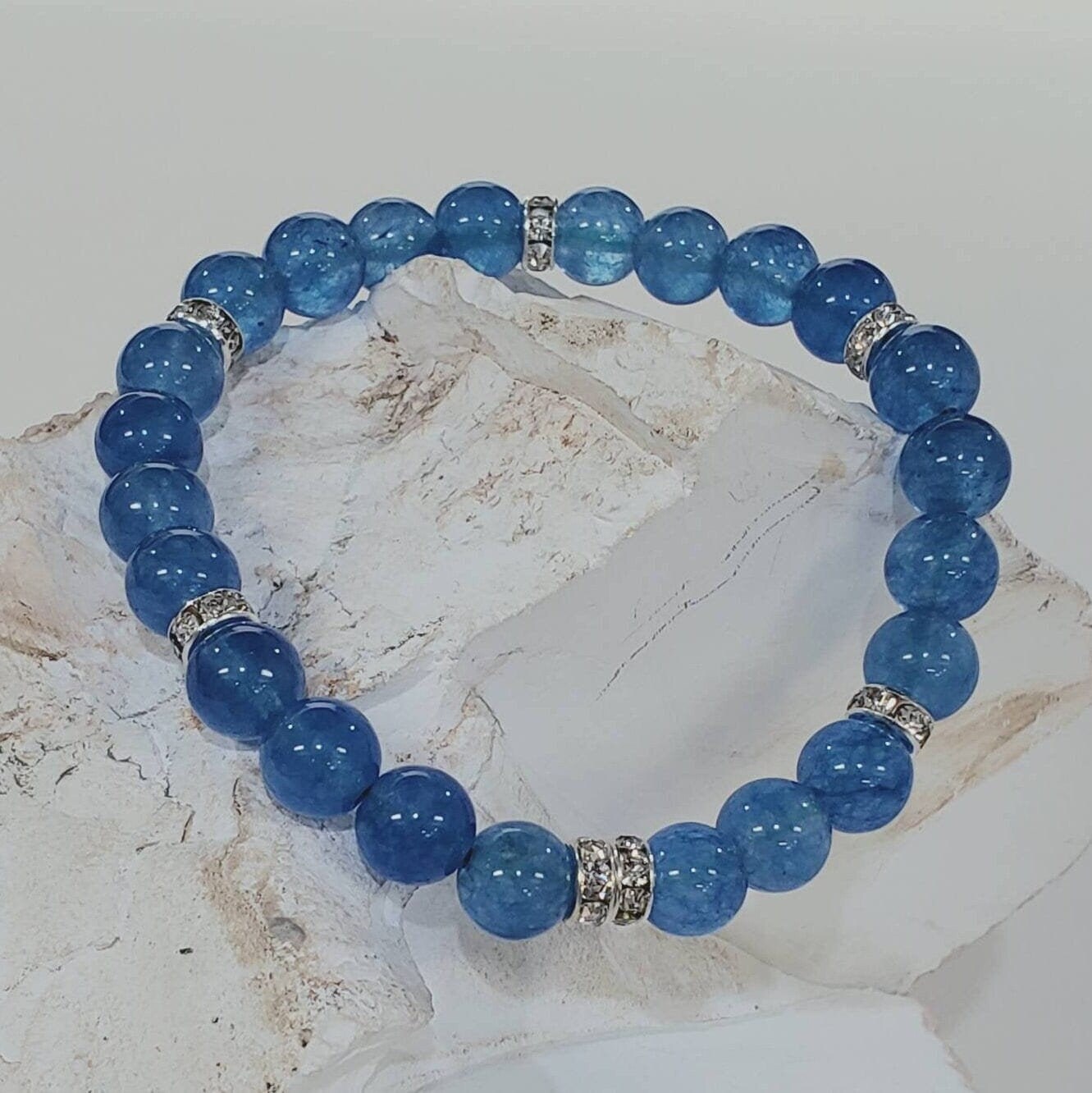 Natural Blue Quartz 8mm smooth round bead accents with sparkly rhinestones roundel stretchy Bracelet. something blue for her, gift