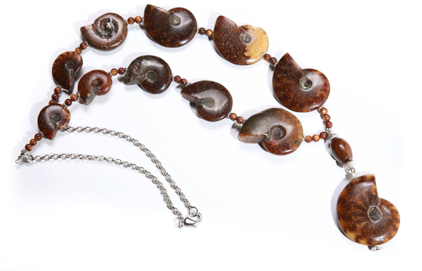 Genuine Graduated Ammonite Fossil Pendant with Soo Chow Jade Barrel, Tiger Eye Spacers, Bali Style Spacers in 22" Necklace, 4" Extension