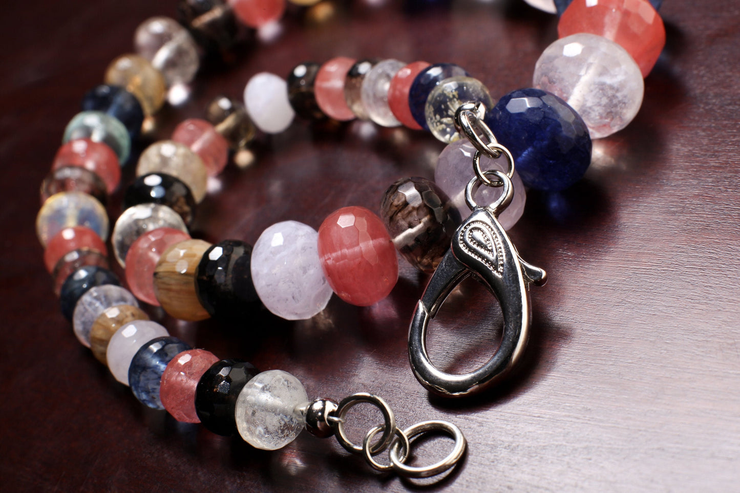 Multi Gemstone Graduated Rondel Necklace, Blueberry, Strawberry, Rutilated, Pineapple, Aqua, Smokey, Blue, Rock Crystal Quartz 20" Necklace
