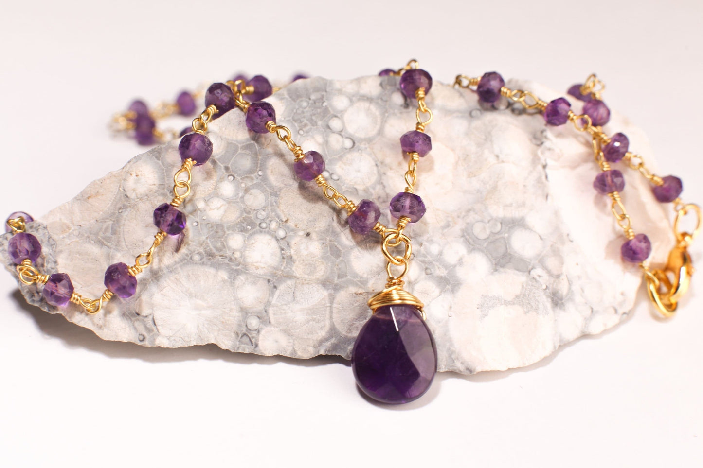 Natural Brazilian Amethyst Faceted Wire Wrapped Pear Drop Pendant Necklace with Amethyst Beaded Chain 16"to 24" Necklace, Gift