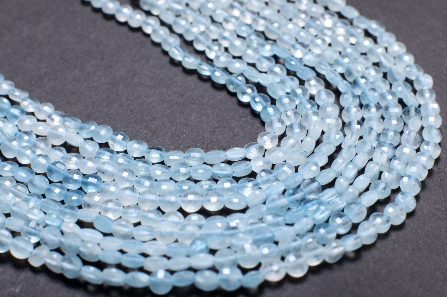 Natural Aquamarine Gemstone Sky Blue Faceted 3.5-4mm Coin Shape, shaded Aquamarine , Jewelry Making 12.5" strand.High quality