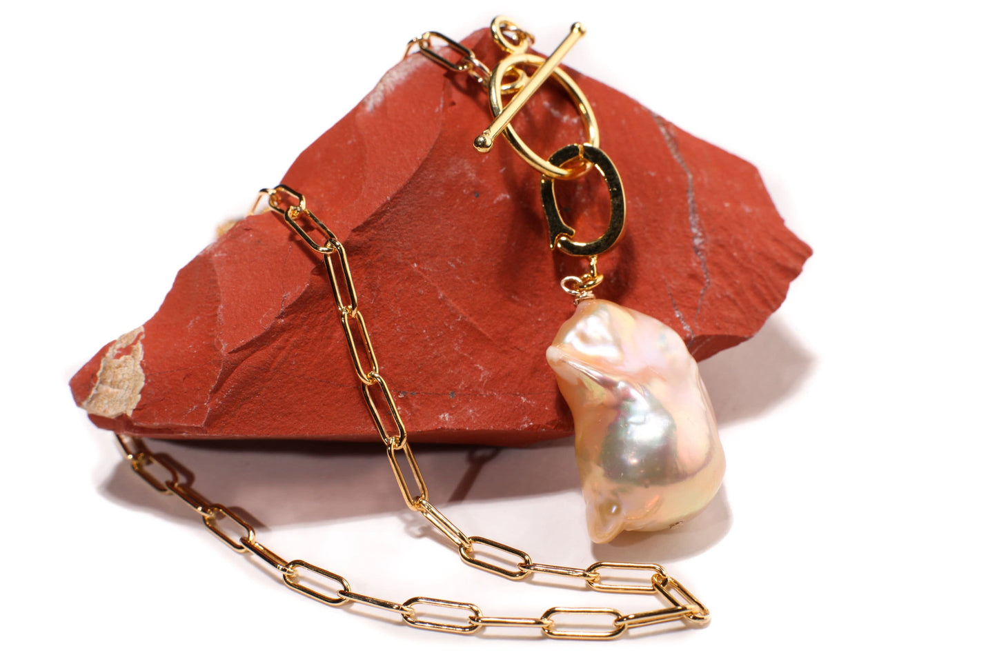 14k Gold Filled 3x8mm Paperclip Chain,Freshwater15x25mm Flame Ball Baroque Peach Pearl Interchangeable Pendant Necklace