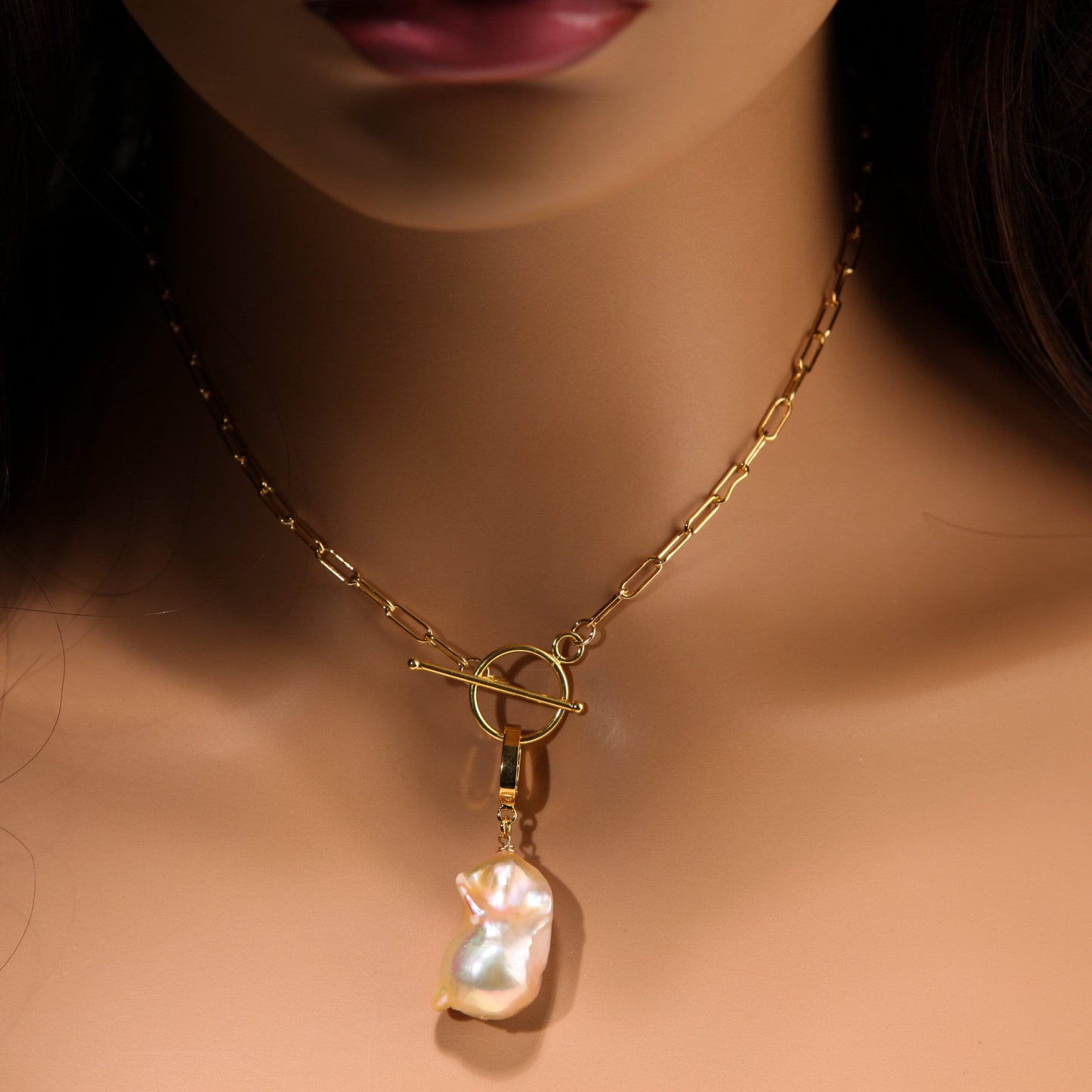 14k Gold Filled 3x8mm Paperclip Chain,Freshwater15x25mm Flame Ball Baroque Peach Pearl Interchangeable Pendant Necklace
