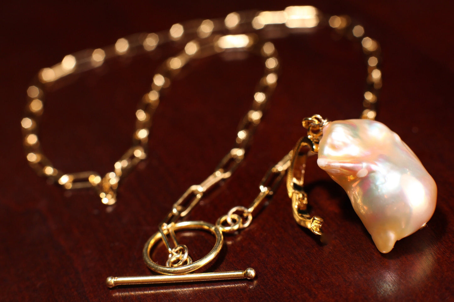 14k Gold Filled 3x8mm Paperclip Chain,Freshwater15x25mm Flame Ball Baroque Peach Pearl Interchangeable Pendant Necklace