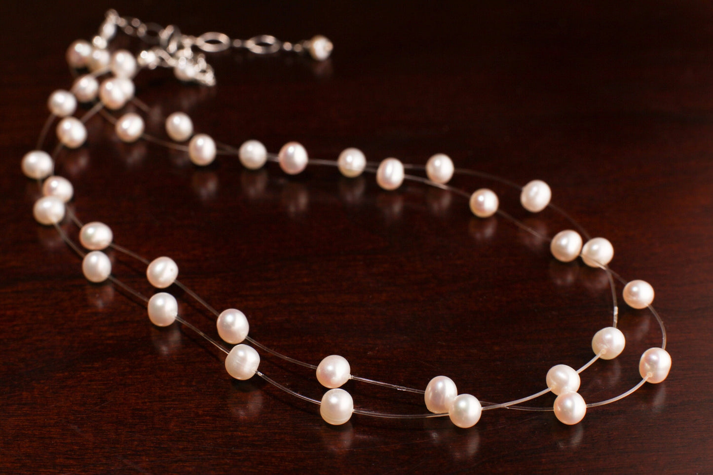 Natural Freshwater Cultured White Pearl 5mm Multi Strand 2 Line Floating Bridal Illusion Necklace 16" Plus 3" Extension, 925 Sterling Silver