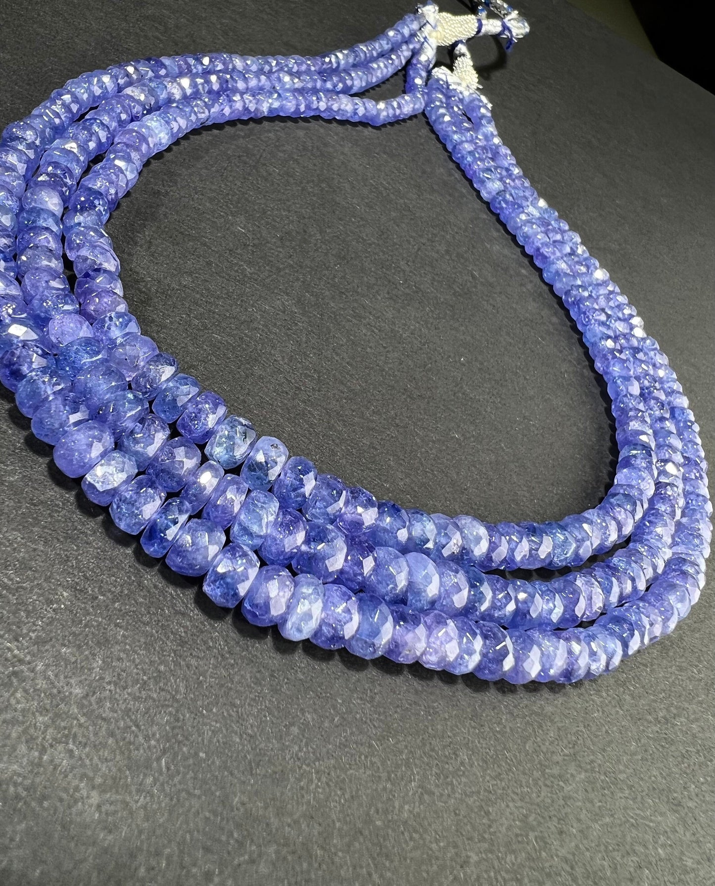 3 line Natural Tanzanite Faceted 5-6mm Large Rondelle 16" Plus Adjustable Long Thread Necklace. AAA Quality. Beautiful Gift, 330 Cts,AAA+