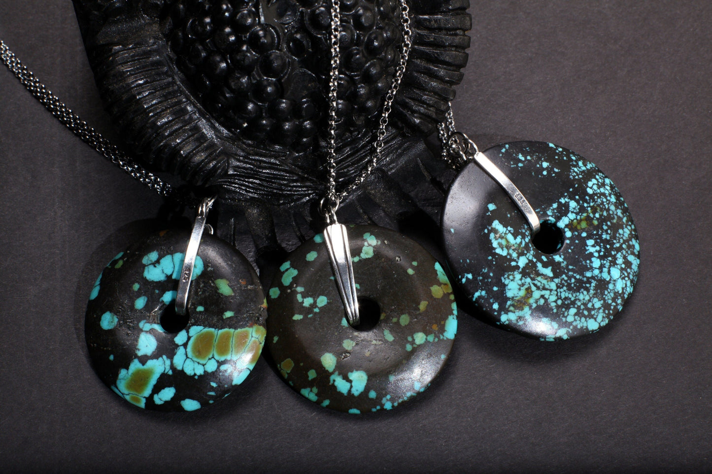 Natural Tibetan Spiderweb Turquoise 40-45mm Donut Charm with 925 Sterling Silver Donut Holder and Rhodium Plated 24" Rolo Chain Necklace
