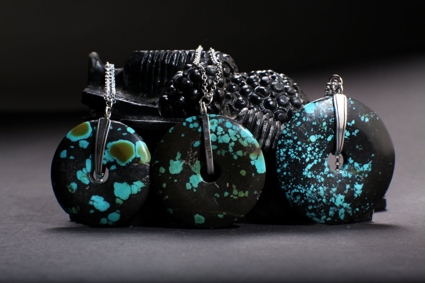 Natural Tibetan Spiderweb Turquoise 40-45mm Donut Charm with 925 Sterling Silver Donut Holder and Rhodium Plated 24" Rolo Chain Necklace