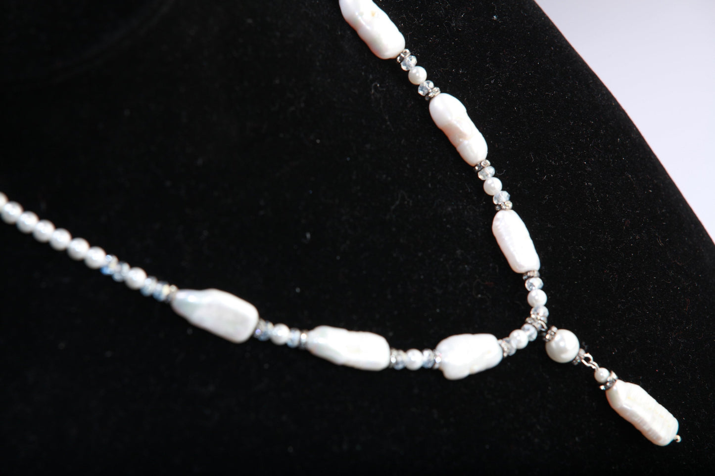 Natural Freshwater Biwa Pearl 10x20mm with Oyster Shell Pearl and Crystal Accent Adjustable Chains 16.5" to 18" Y Necklace