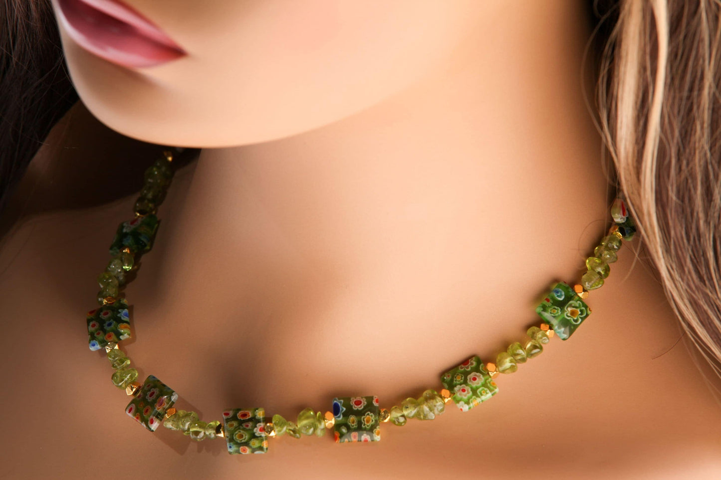 Natural Raw Peridot Tumbled Nugget 4x6-5x7mm Gemstone. Spacer pillow shape Millefiori thousand Flower bead 12mm Gold Toggle Clasp Necklace