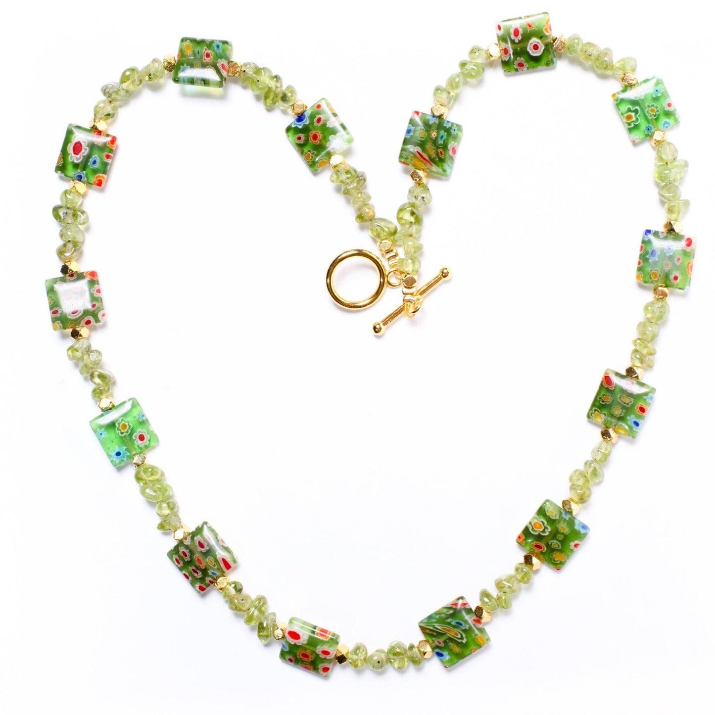 Natural Raw Peridot Tumbled Nugget 4x6-5x7mm Gemstone. Spacer pillow shape Millefiori thousand Flower bead 12mm Gold Toggle Clasp Necklace