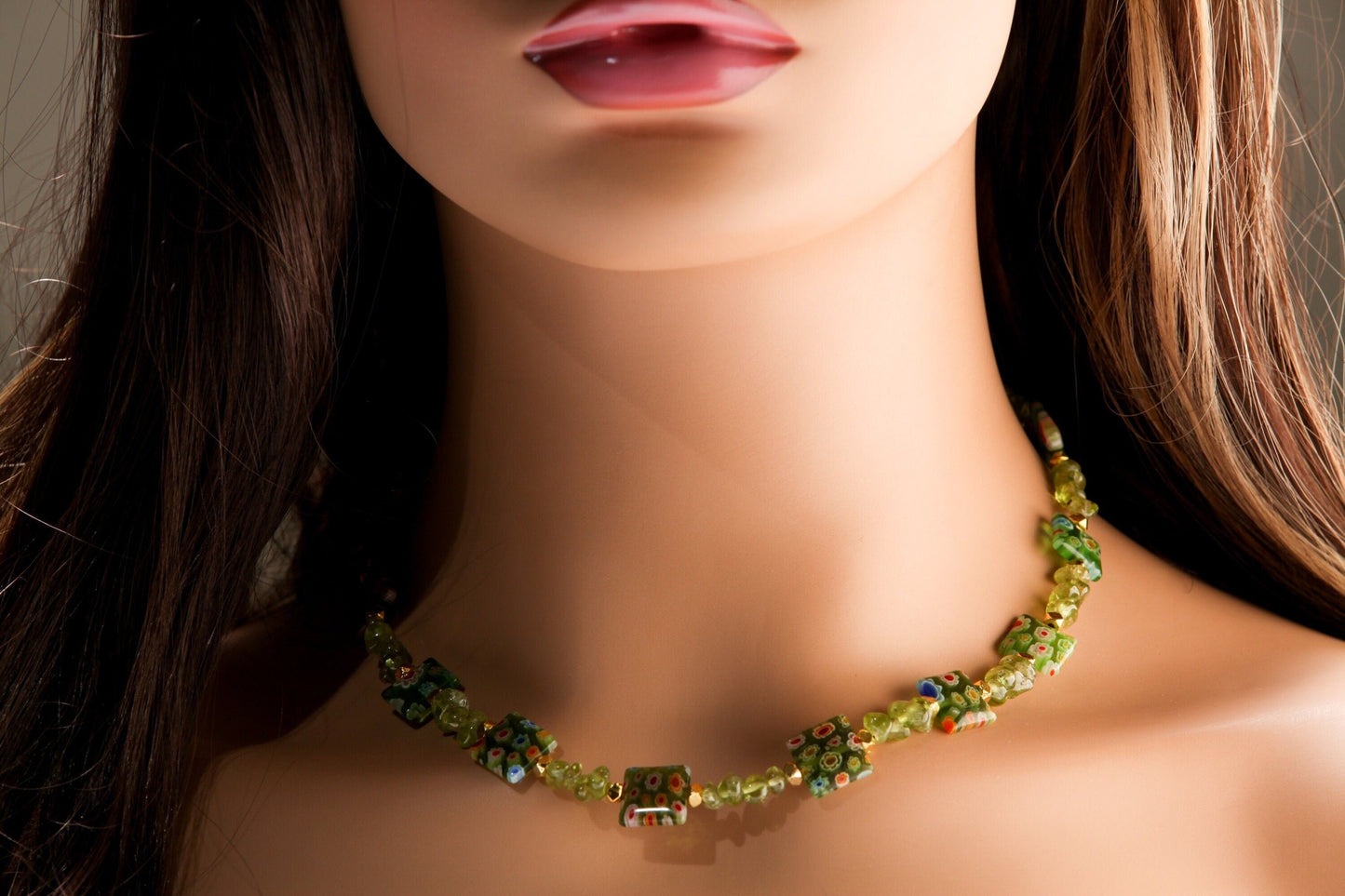 Natural Raw Peridot Tumbled Nugget 4x6-5x7mm Gemstone. Spacer pillow shape Millefiori thousand Flower bead 12mm Gold Toggle Clasp Necklace