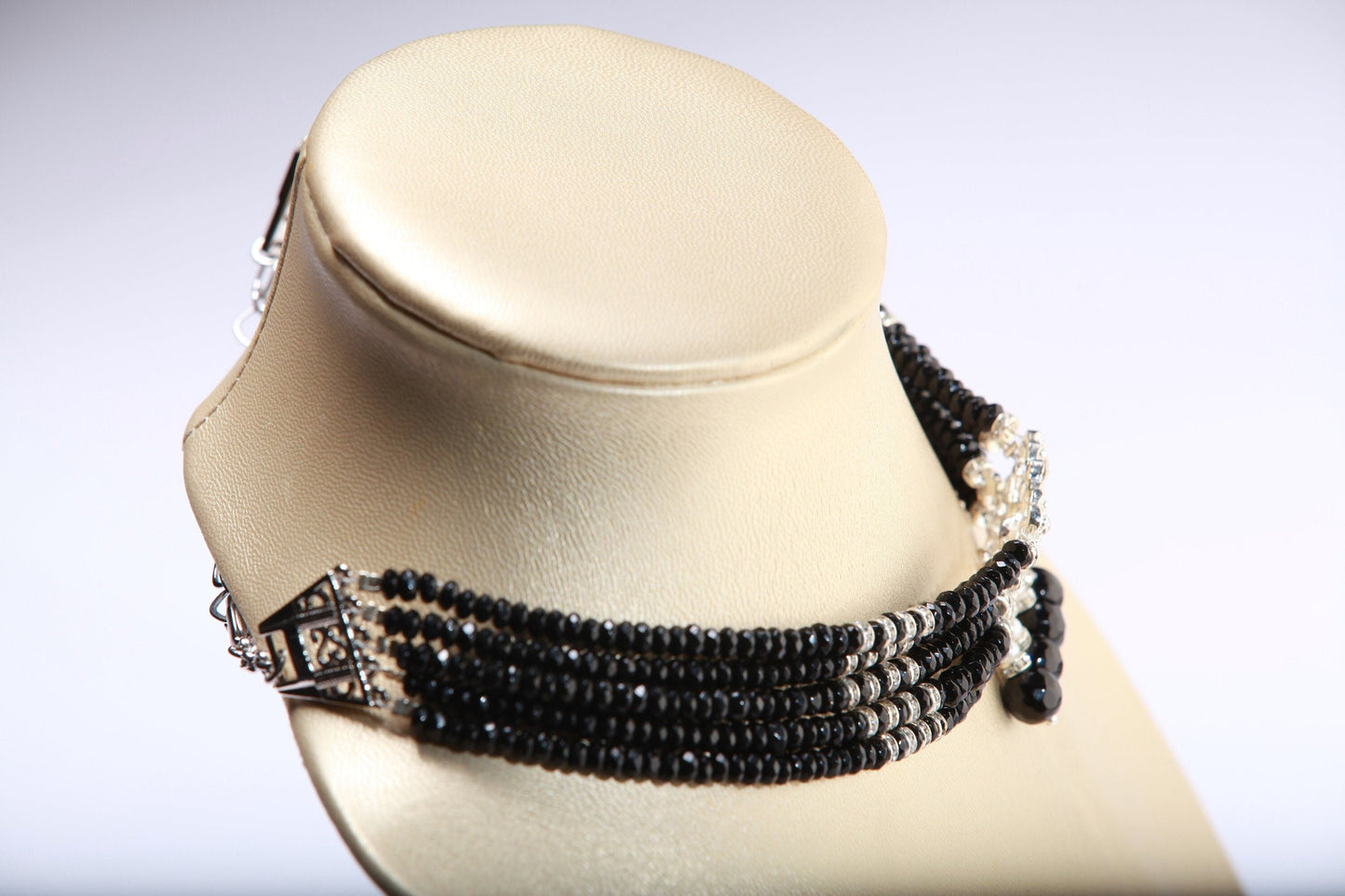 Black Onyx Rhinestones Roundel with Crystal Statement piece and Dangling Onyx Adjustable 5 line Multi Strand Choker 12.5" to 15"