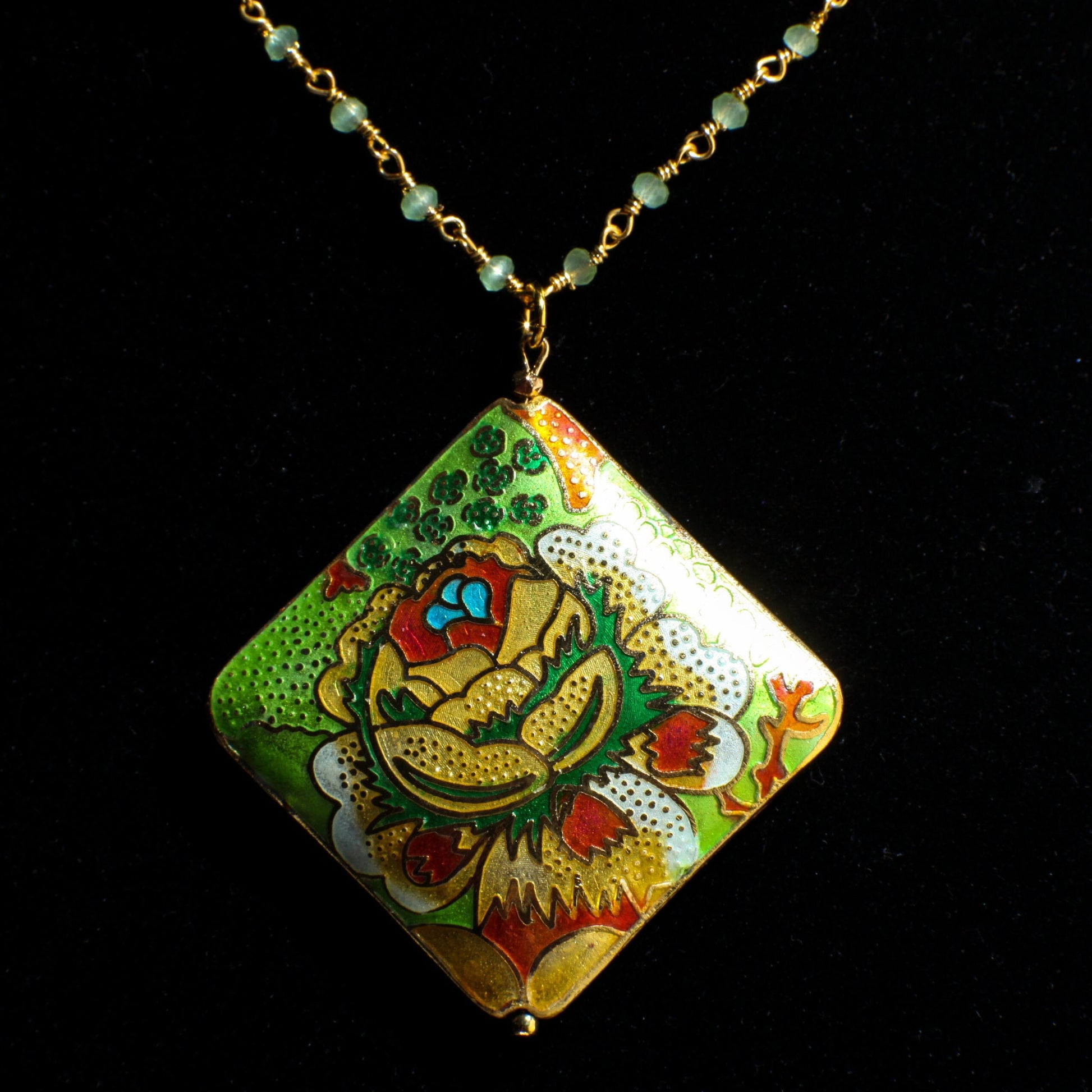 Traditional Cloisonné Pendant Vintage Floral Flowers Pink Revisable Focal with Beaded Chain Necklace 20" and matching Earrings set