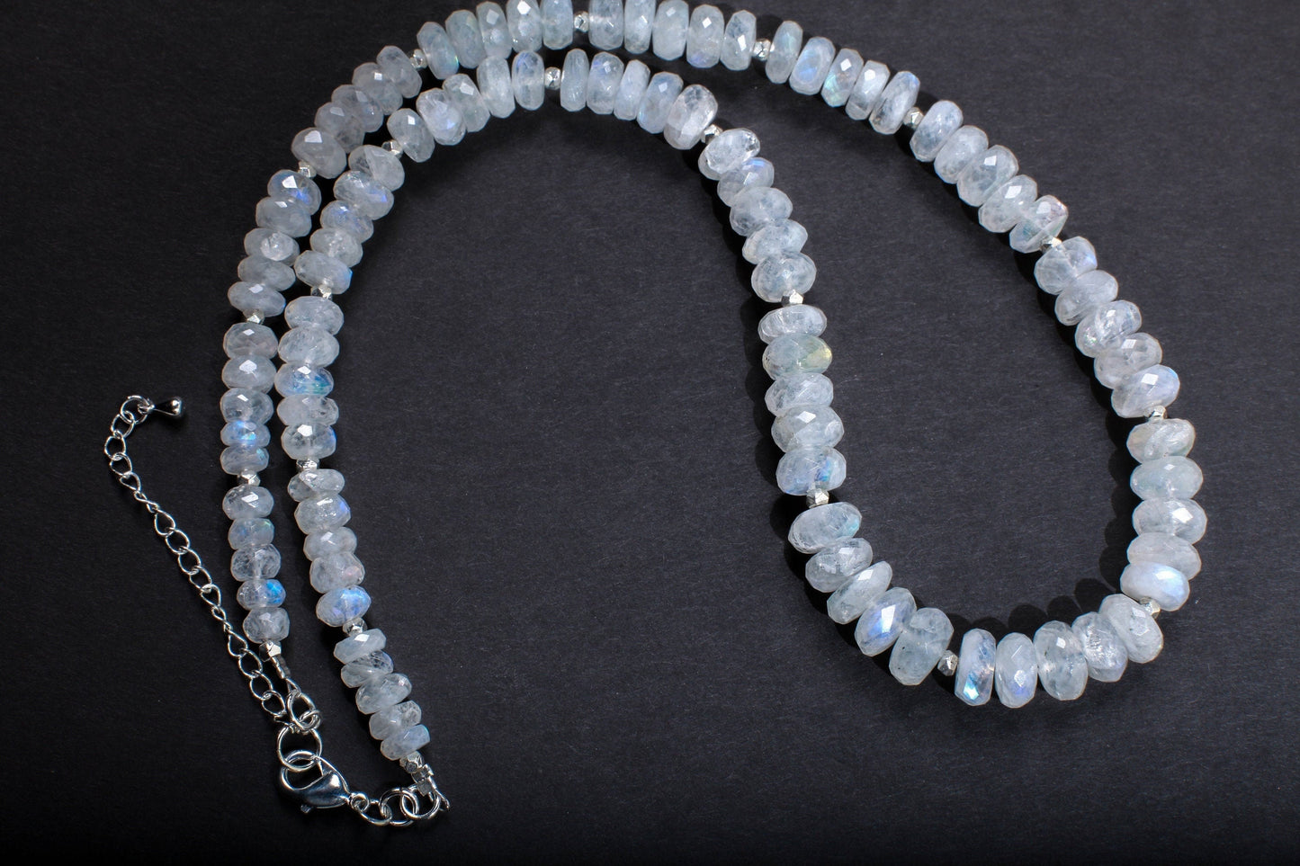 Natural Rainbow Moonstone Graduated 6-9mm Faceted Roundel Gemstone Necklace with 2" Extension, June Birthstone, Precious Gift For Her
