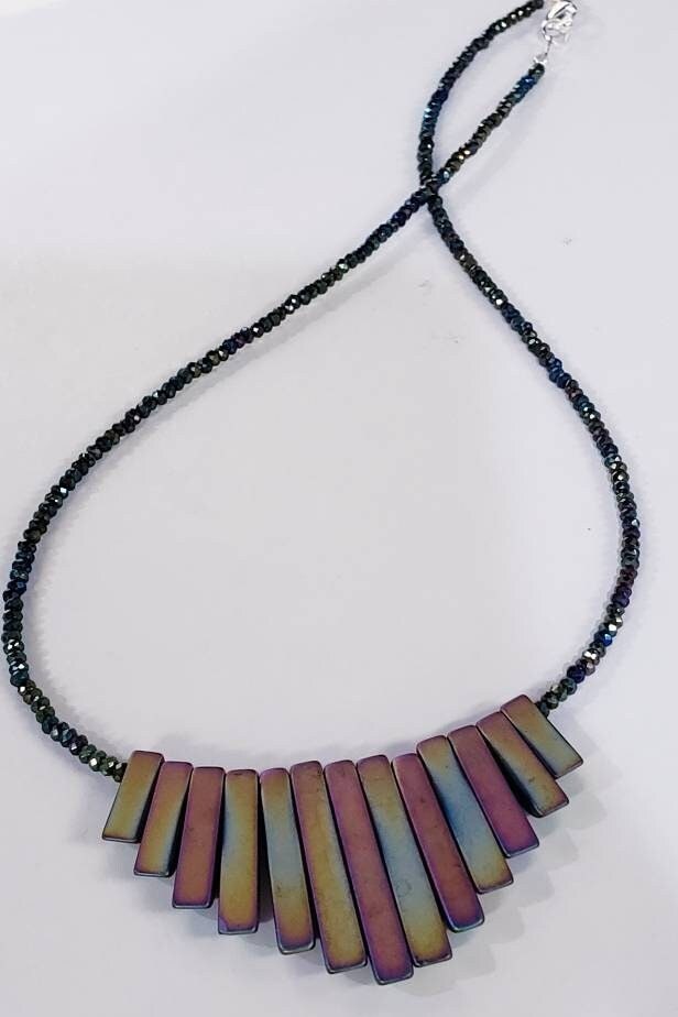 Titanium Hematite matte Graduated Stick double side wearable 2 different shaded color in both side, silver Necklace, 14 to 24" choice.