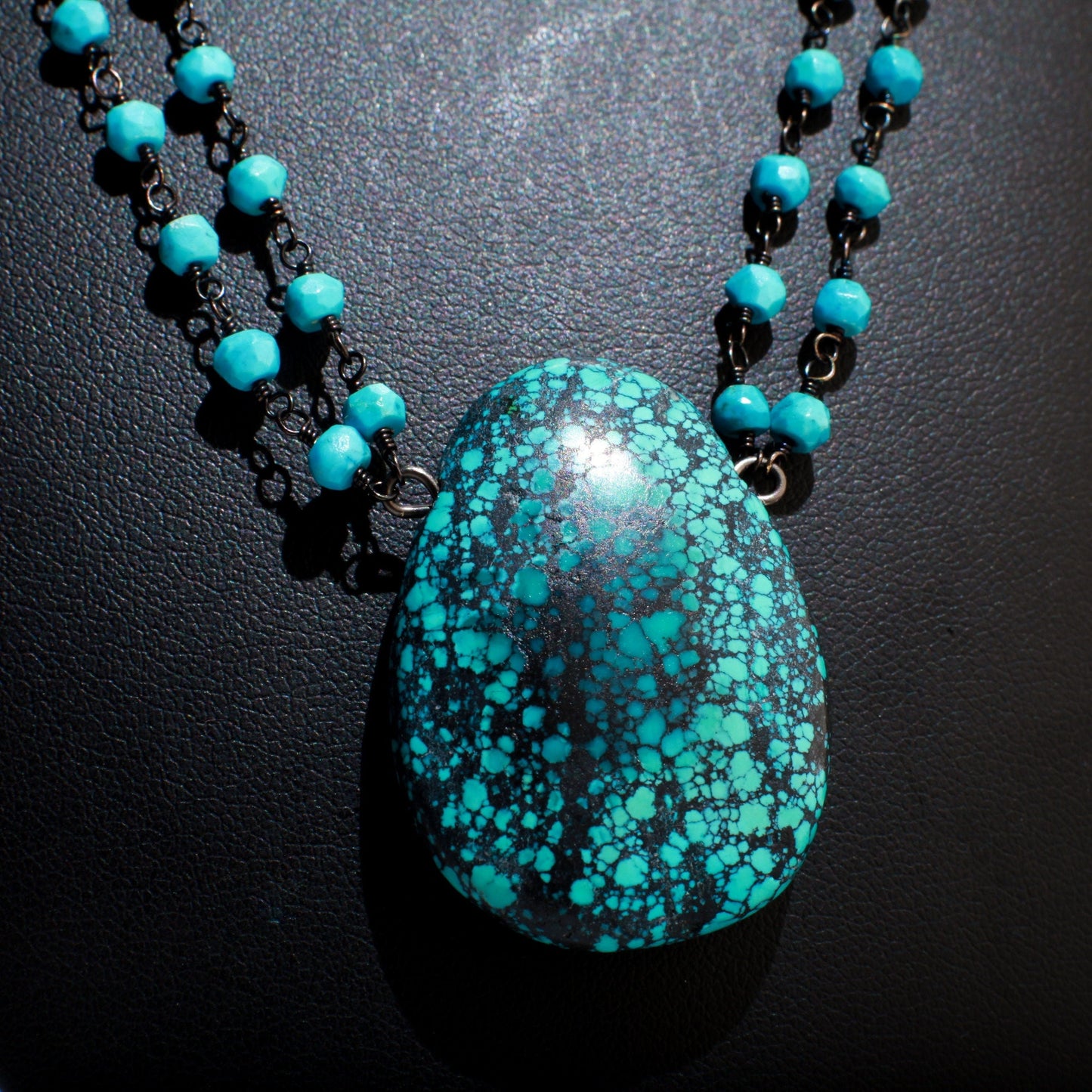 Natural Tibetan Spiderweb Turquoise Teardrop Pendant with Natural Turquoise Oxidized Silver Wire Wrap Double Layer 18+ 2" Extension Necklace