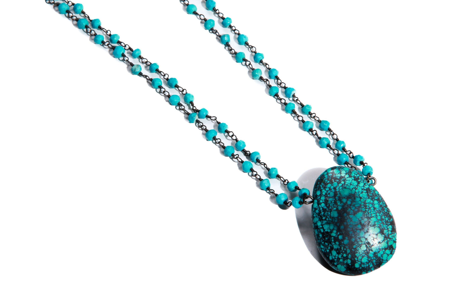 Natural Tibetan Spiderweb Turquoise Teardrop Pendant with Natural Turquoise Oxidized Silver Wire Wrap Double Layer 18+ 2" Extension Necklace
