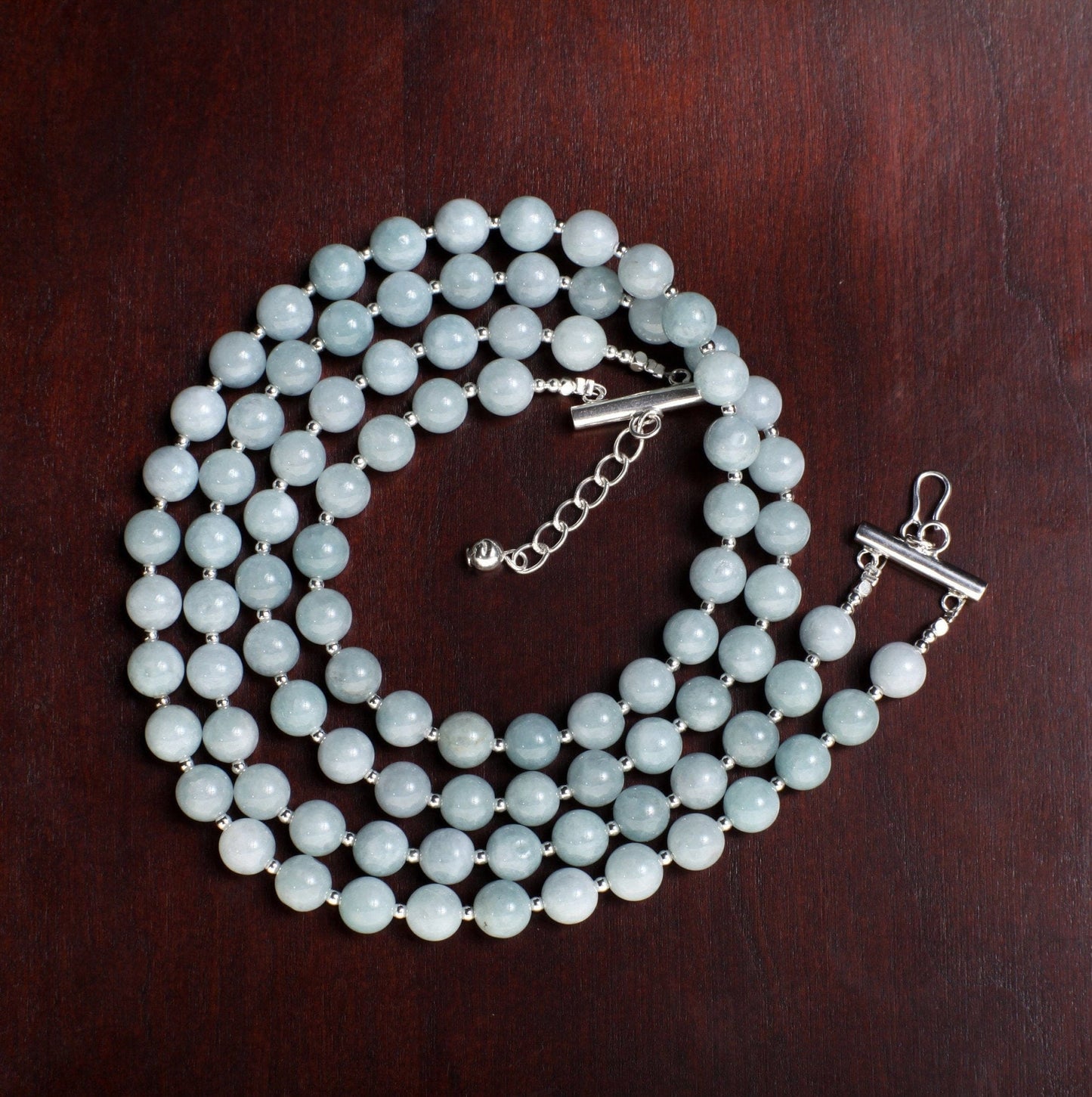 Aquamarine 2 Line Necklace, Genuine Aquamarine Smooth Round,925 Sterling Silver Spacers & Clasp,Natural gems March Birthstone, 18"plus 2"ext