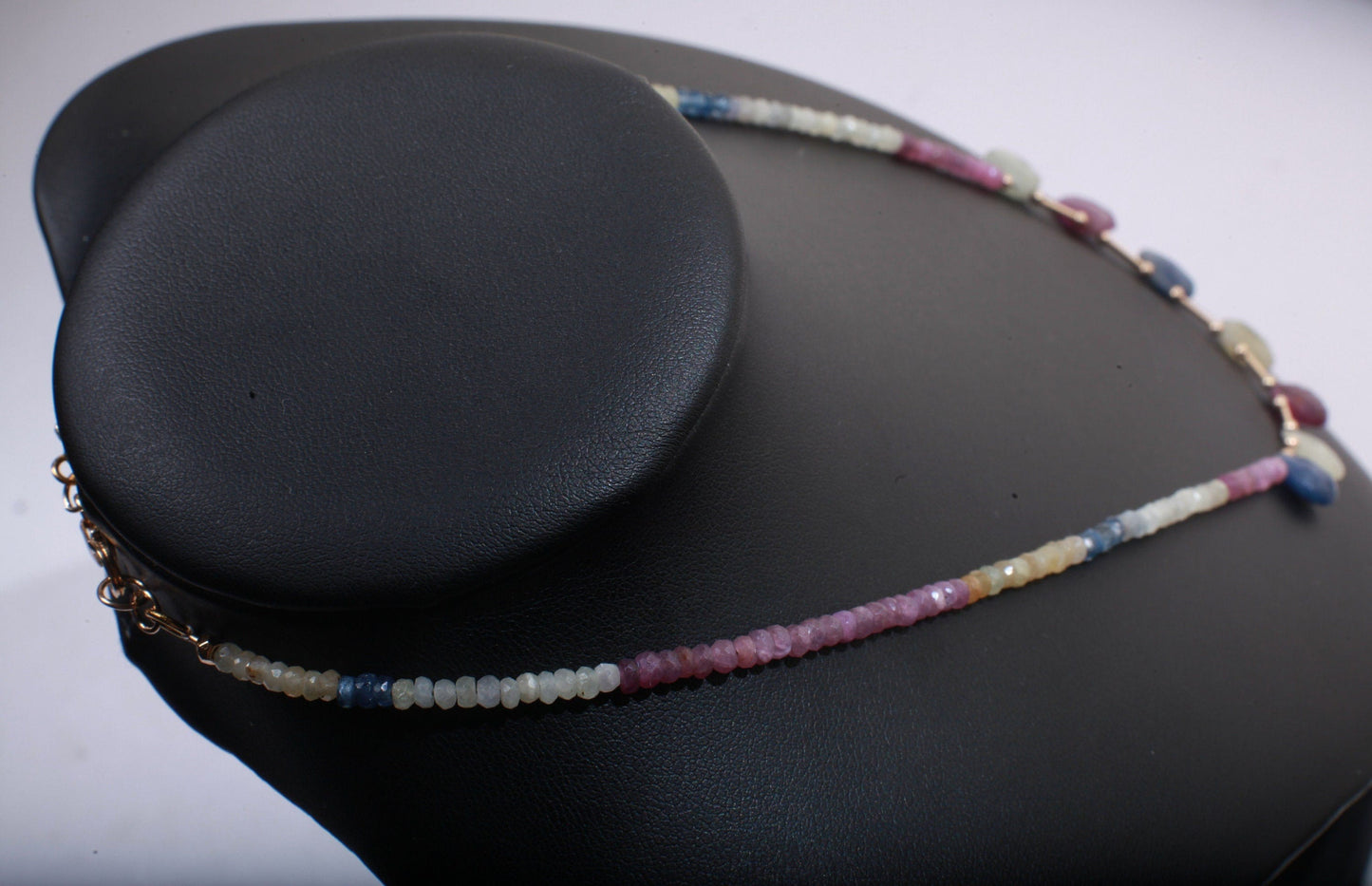 Natural Multi Sapphire heart Teardrop with 4mm Multi Sapphire roundel , 14K Liquid Gold Filled Tube, Spacer & Clasp 16”- 30”Necklace