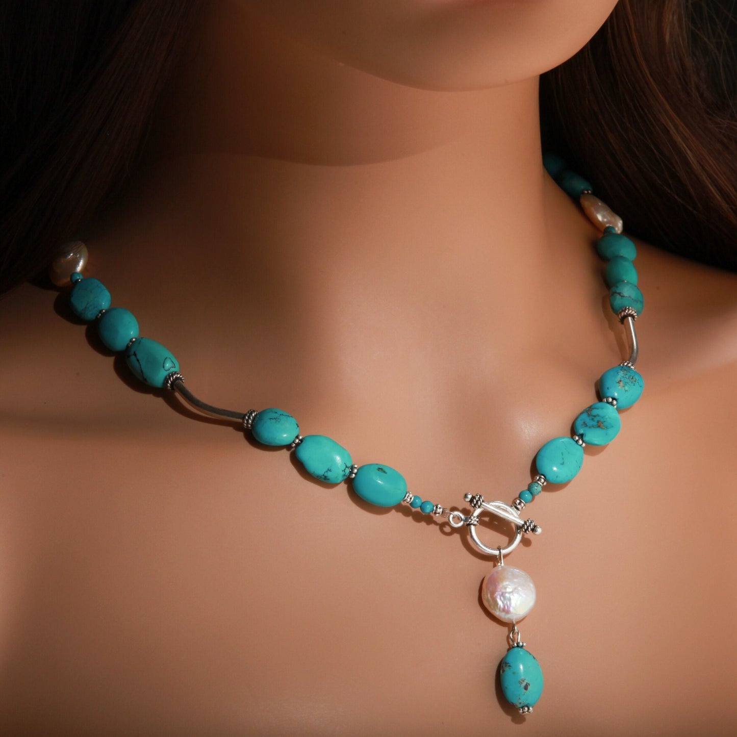 Natural Tibetan Turquoise Free Form Pebble Nugget, Freshwater Pearl Coin Pearl, Bali Sterling Silver Tube, Spacer, Toggle Clasp 20" Necklace