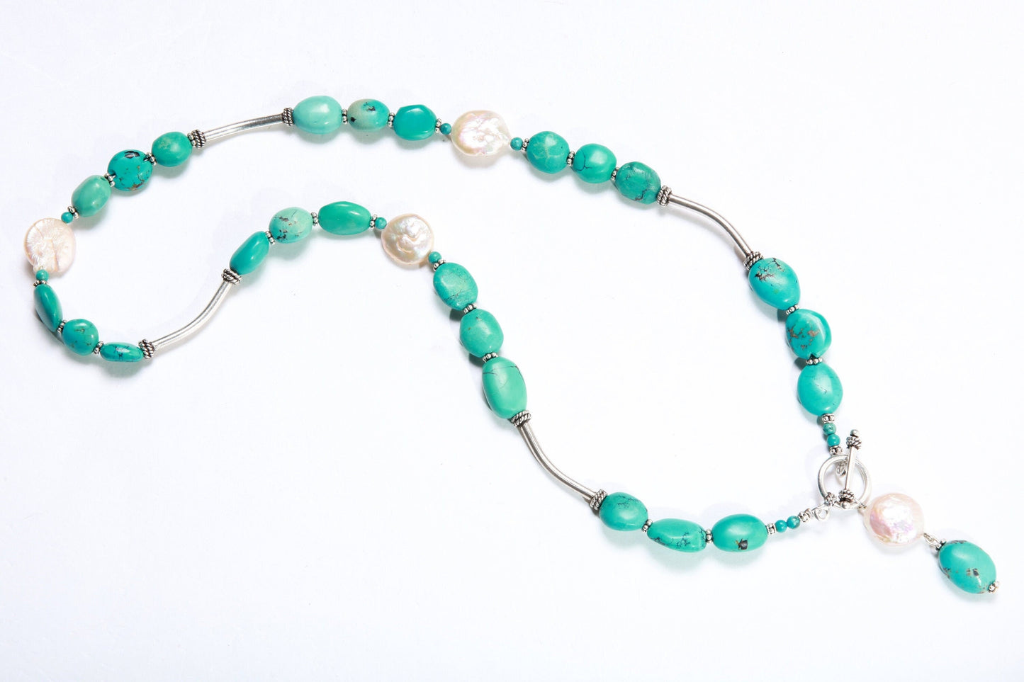 Natural Tibetan Turquoise Free Form Pebble Nugget, Freshwater Pearl Coin Pearl, Bali Sterling Silver Tube, Spacer, Toggle Clasp 20" Necklace