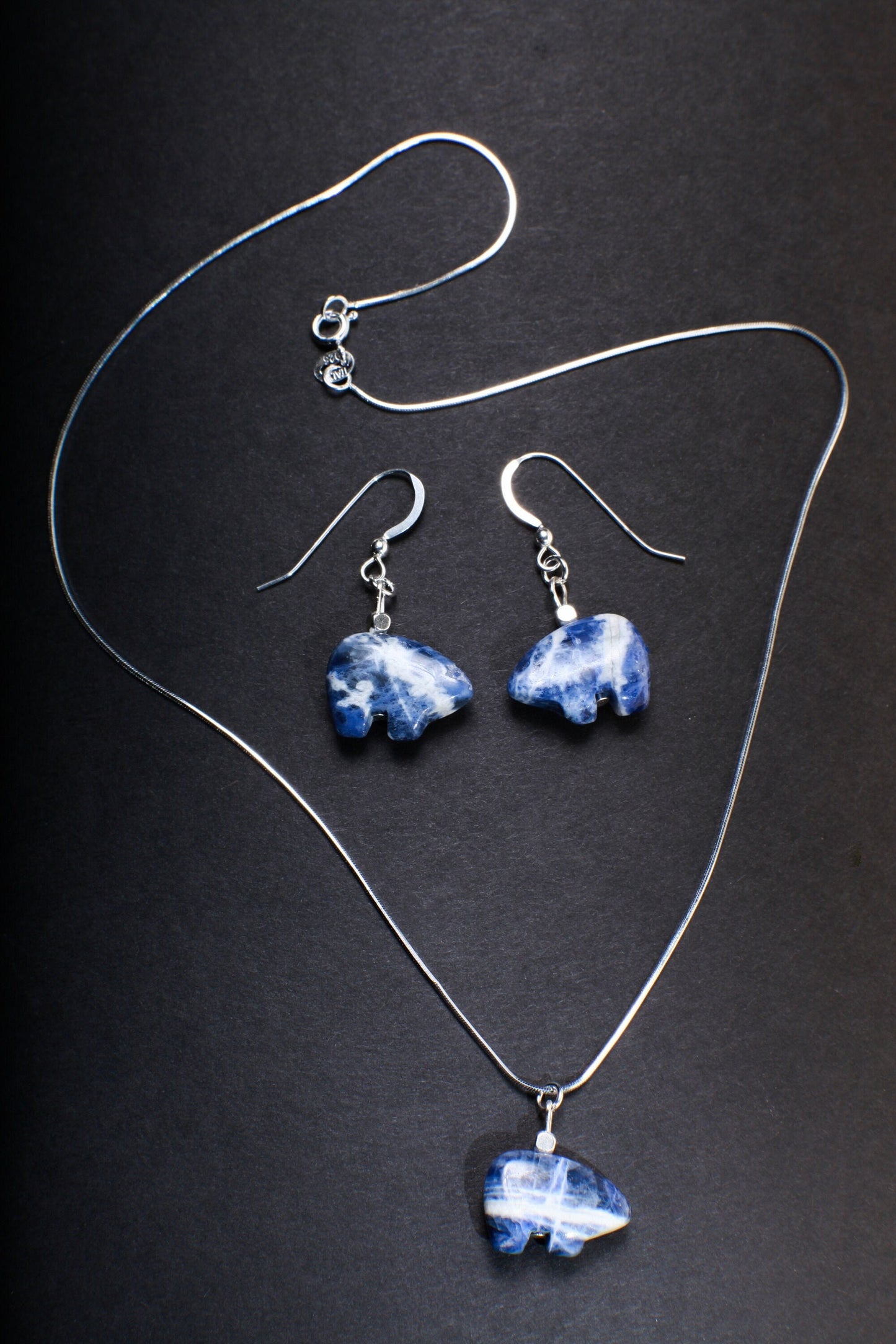 Sodalite Zuni Bear Earrings Necklace, Natural Brazilian Sodalite Zuni Bear Gemstone Necklace and Earrings Set Vintage Sterling Silver 16"