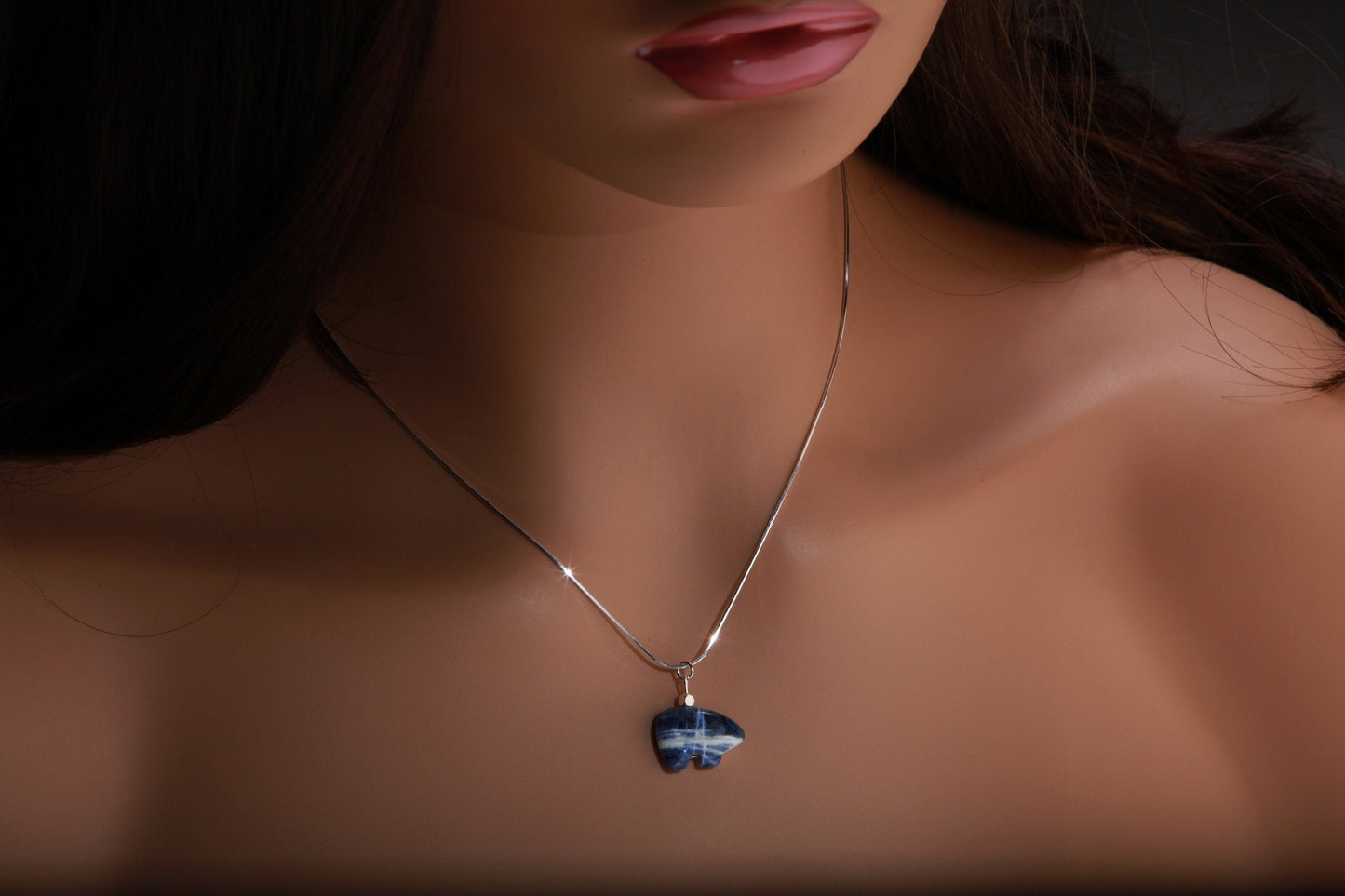 Sodalite Zuni Bear Earrings Necklace, Natural Brazilian Sodalite Zuni Bear Gemstone Necklace and Earrings Set Vintage Sterling Silver 16"