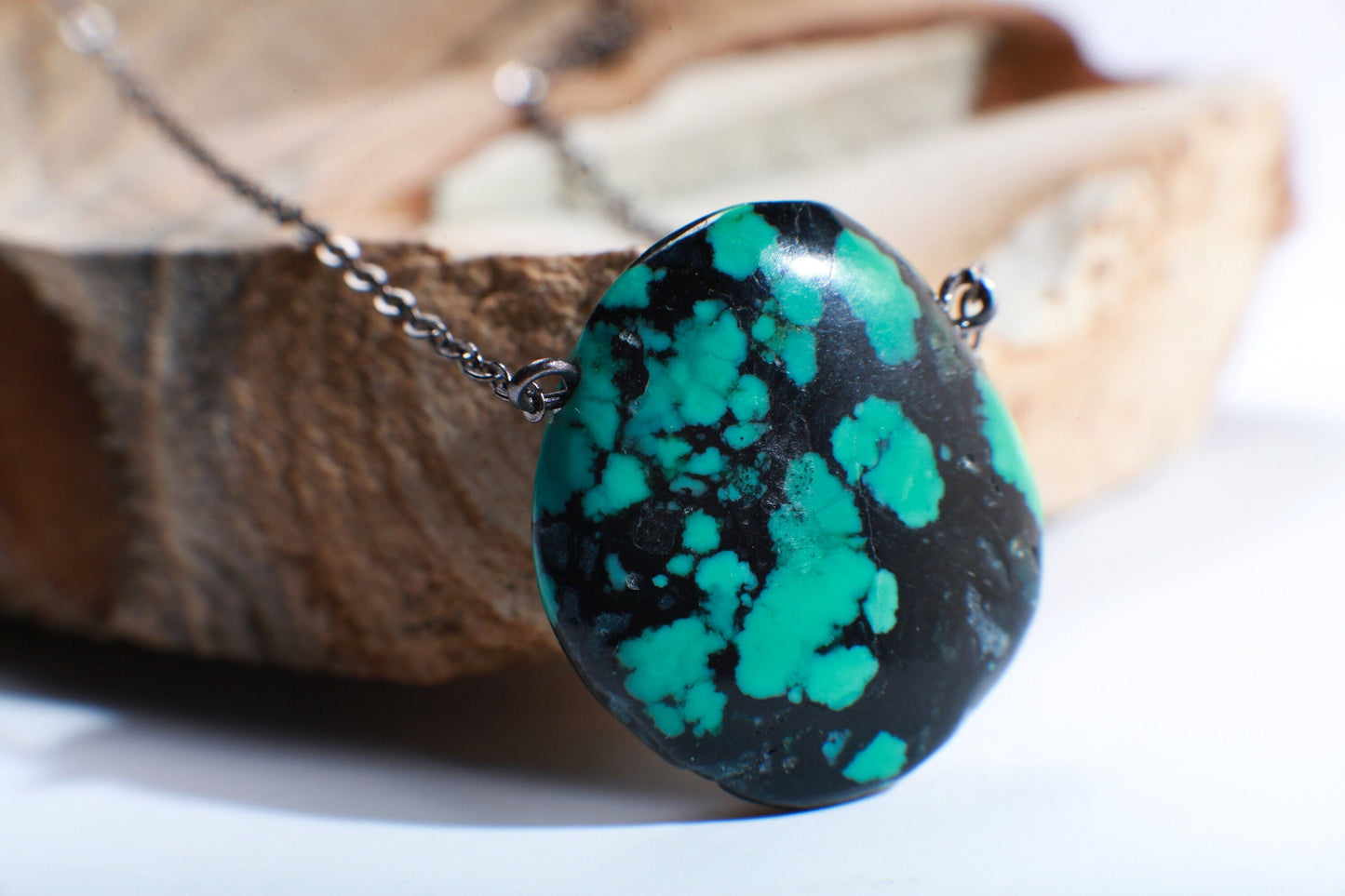 Genuine Tibetan Spiderweb Turquoise Double Sided Free Form Oval Pendant in Oxidized Silver Cable Chain 18.5" +2" Extension, Gift For Her