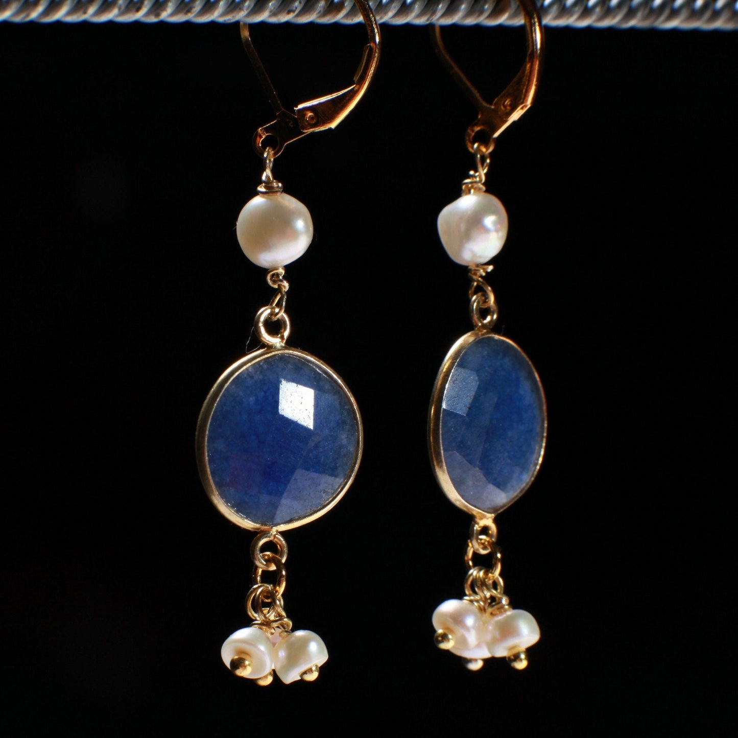 Genuine Blue Sapphire Free Form Gold Bezel with Fresh Water Pearl Clusters Earrings in Gold Ear Wire, Valentine, Bridesmaid, Gift for her