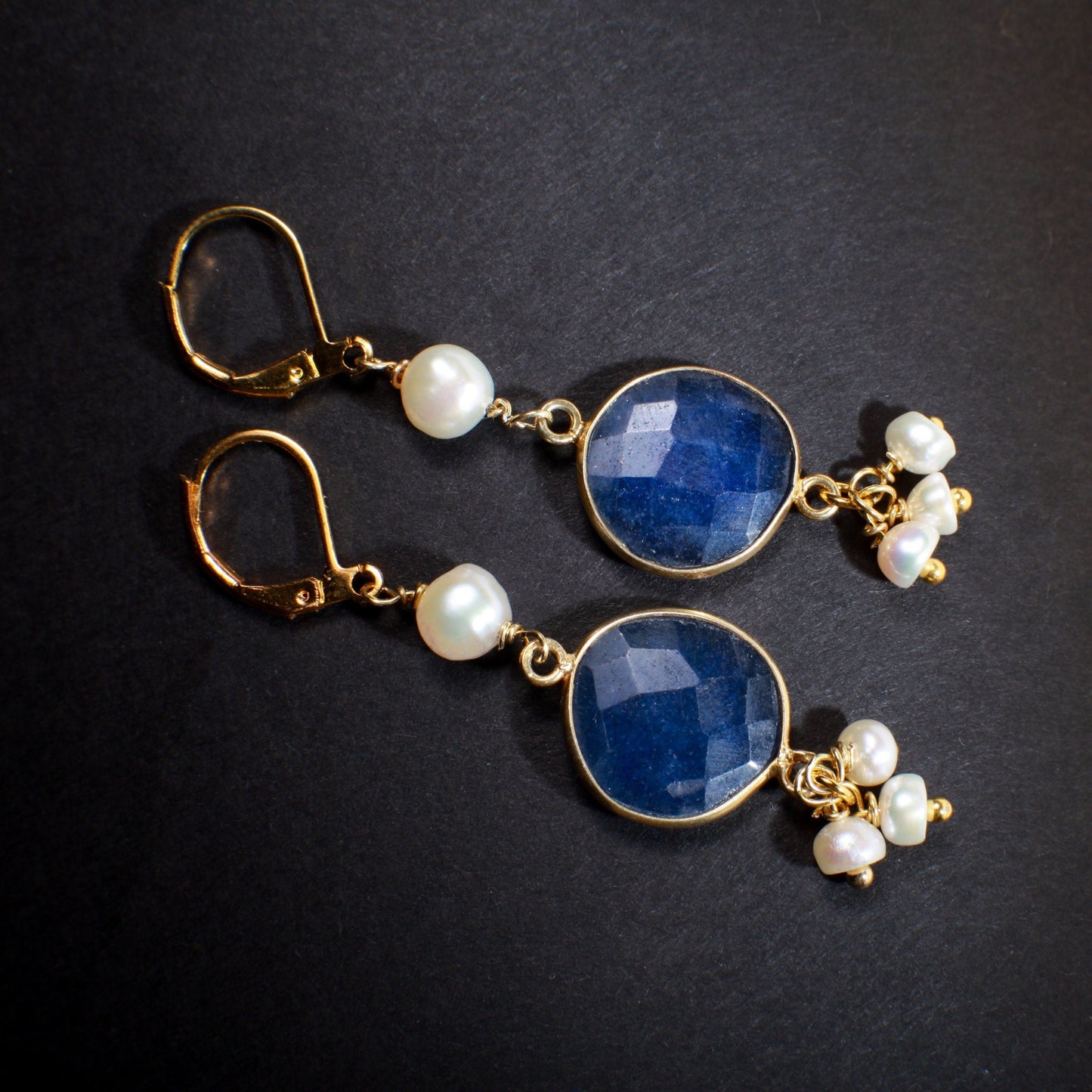 Genuine Blue Sapphire Free Form Gold Bezel with Fresh Water Pearl Clusters Earrings in Gold Ear Wire, Valentine, Bridesmaid, Gift for her